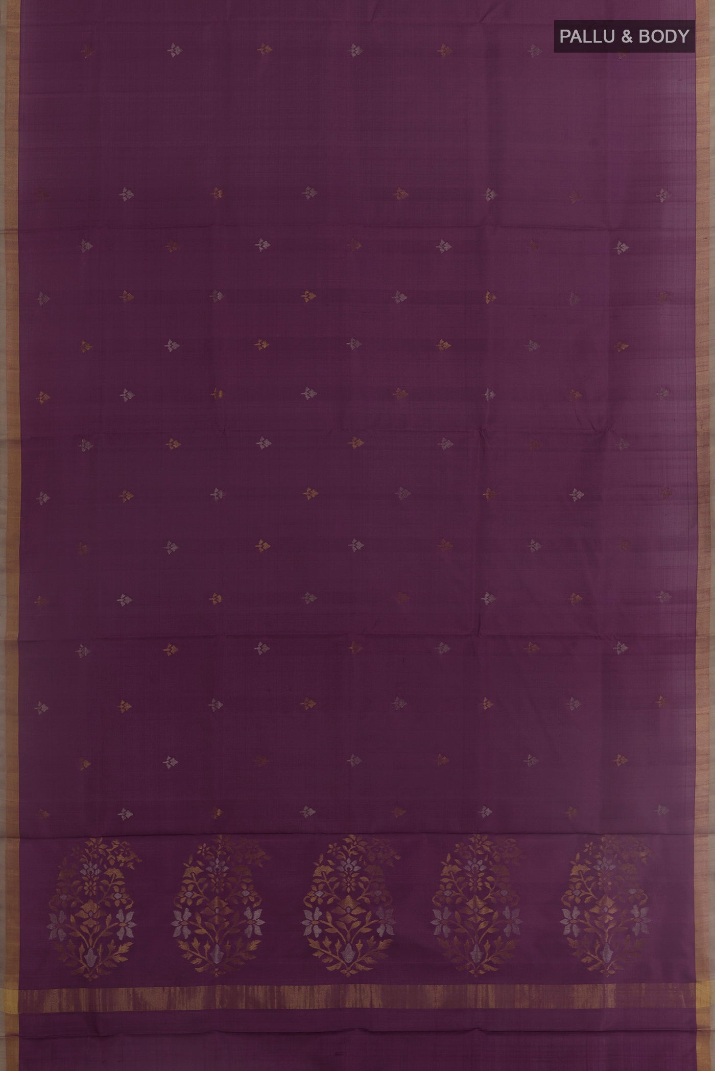 Flat view of Purple Uppada Silk Saree with Zari Butta on the body and Zari Border. 