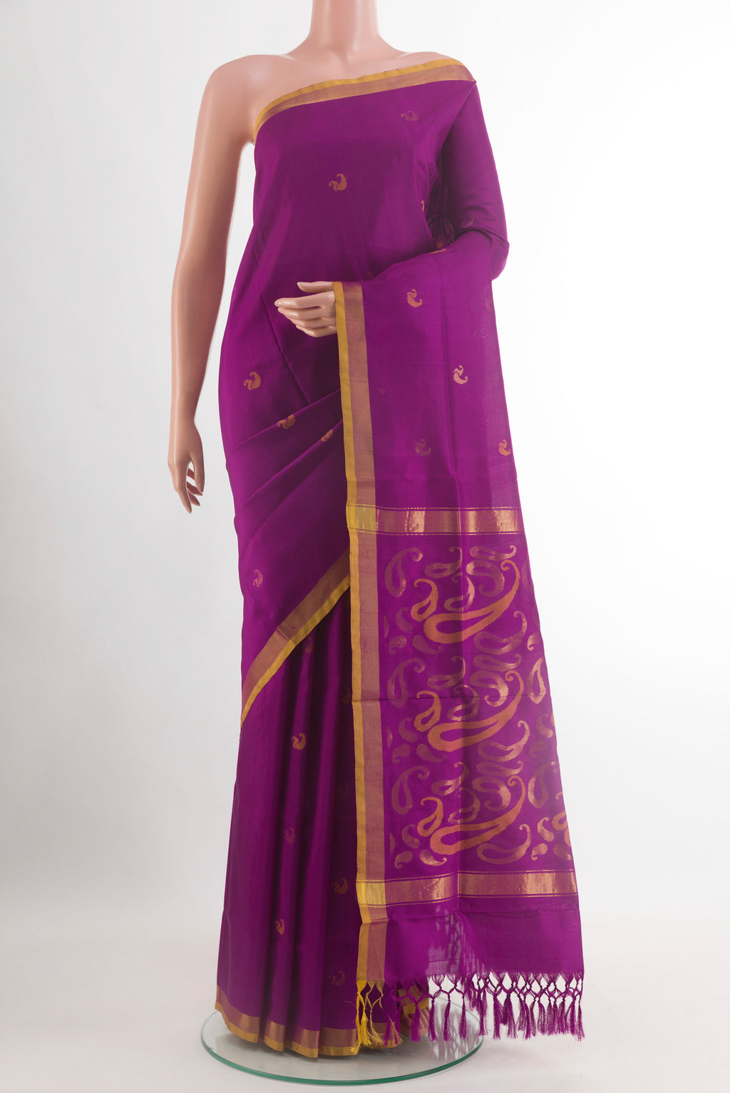Purple Uppada Silk Saree with Zari Butta on the body and Zari Border.  displayed on a mannequin