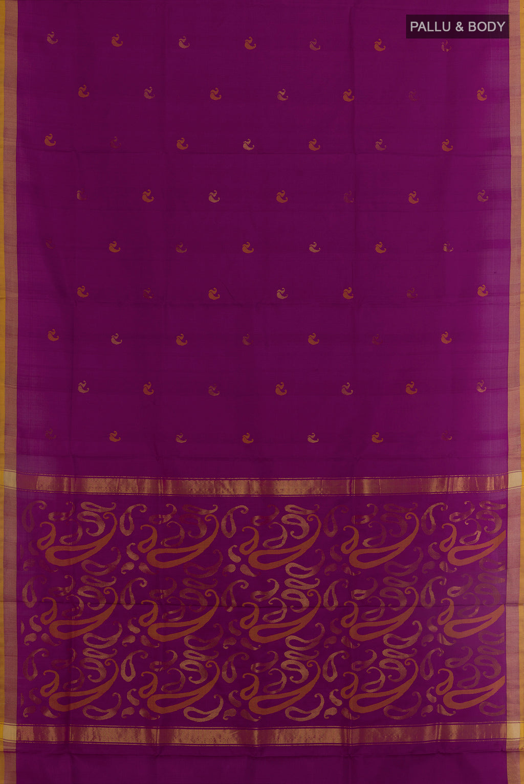 Flat view of Purple Uppada Silk Saree with Zari Butta on the body and Zari Border. 
