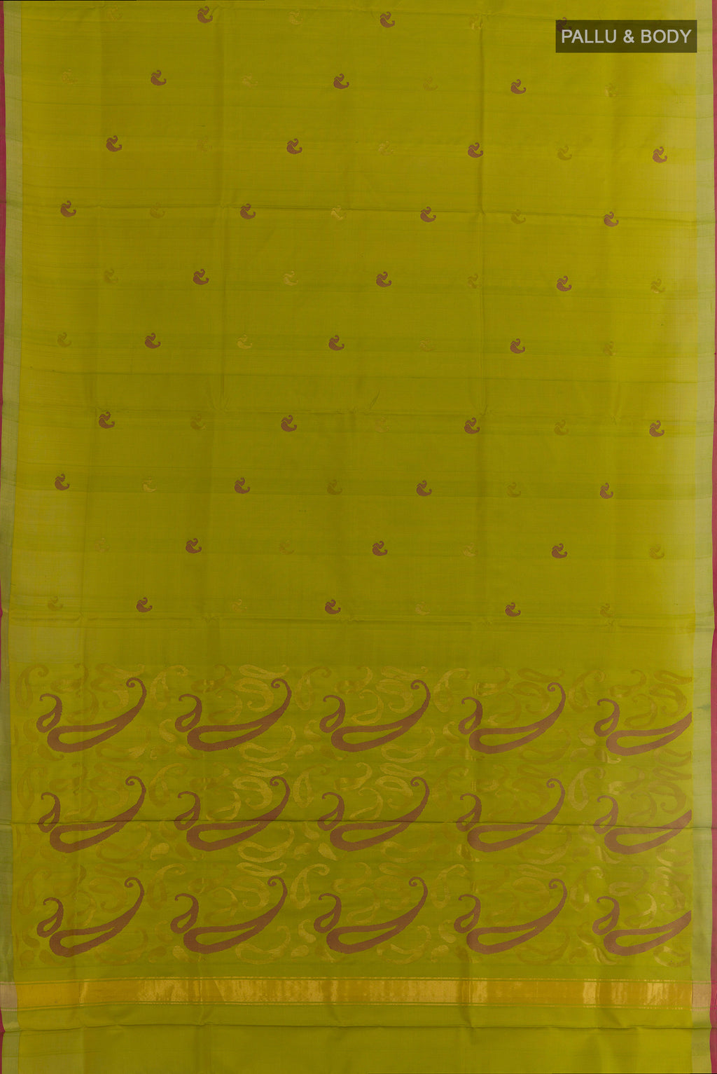 Flat view of Light Green Uppada Silk Saree with Zari Butta on the body and Zari Border. 