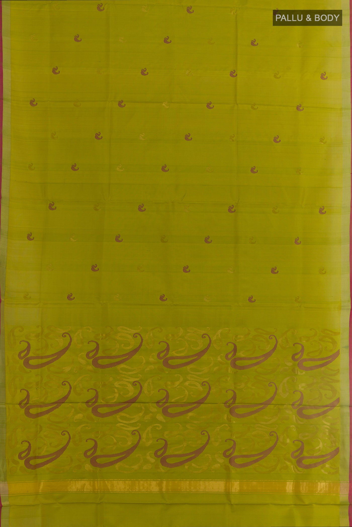 Flat view of Light Green Uppada Silk Saree with Zari Butta on the body and Zari Border. 
