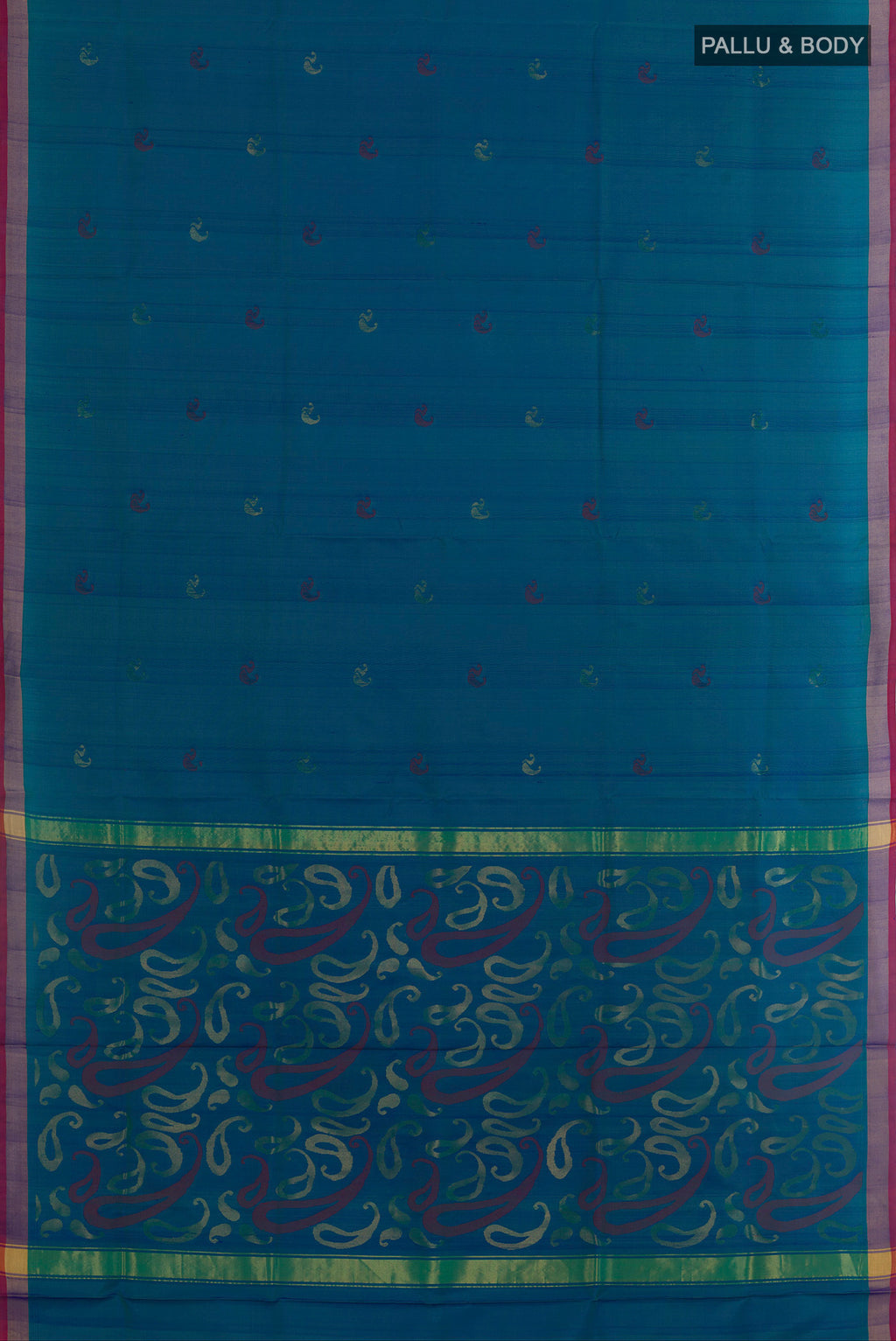 Flat view of Peacock Blue Uppada Silk Saree with Zari Butta on the body and Zari Border. 