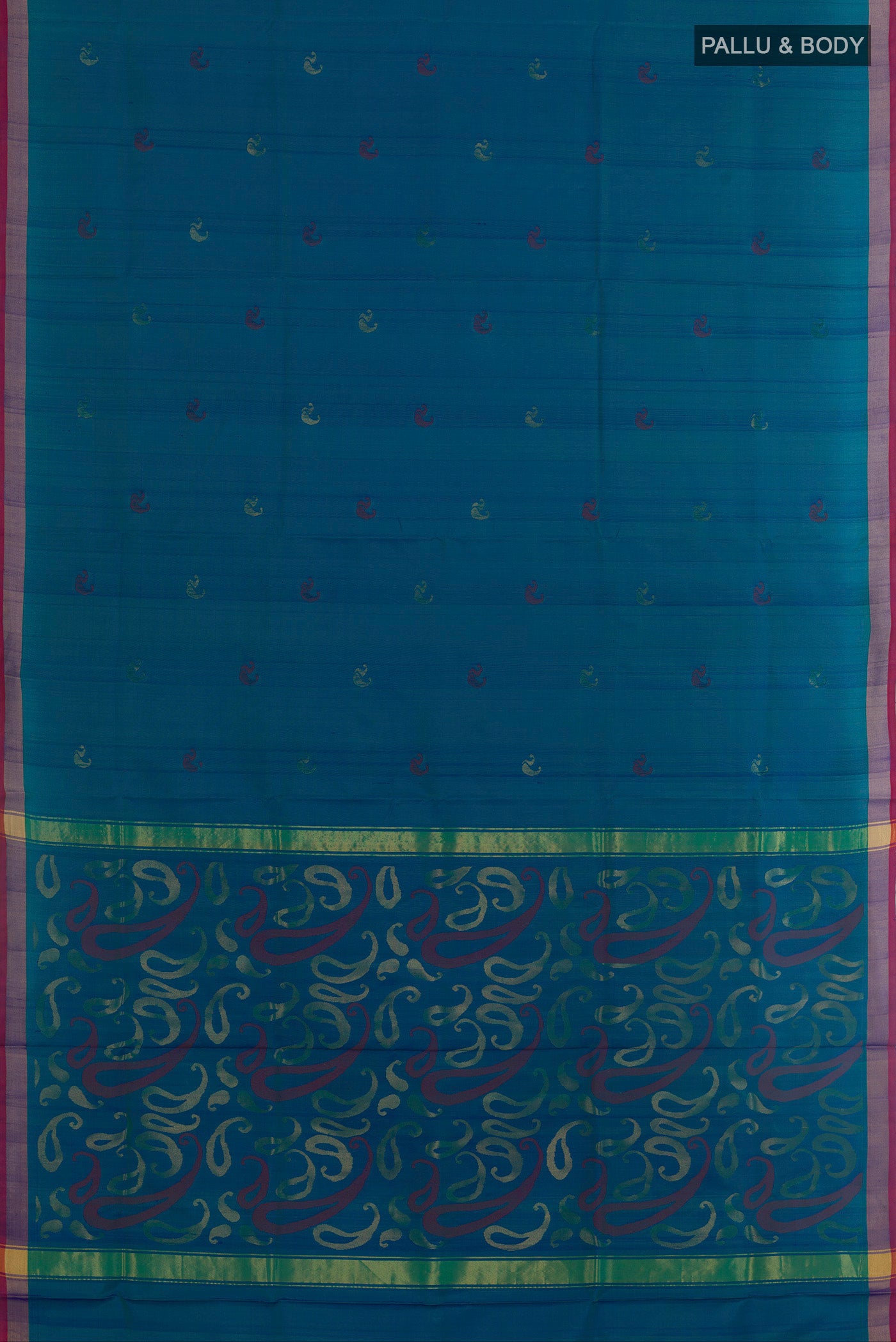 Flat view of Peacock Blue Uppada Silk Saree with Zari Butta on the body and Zari Border. 