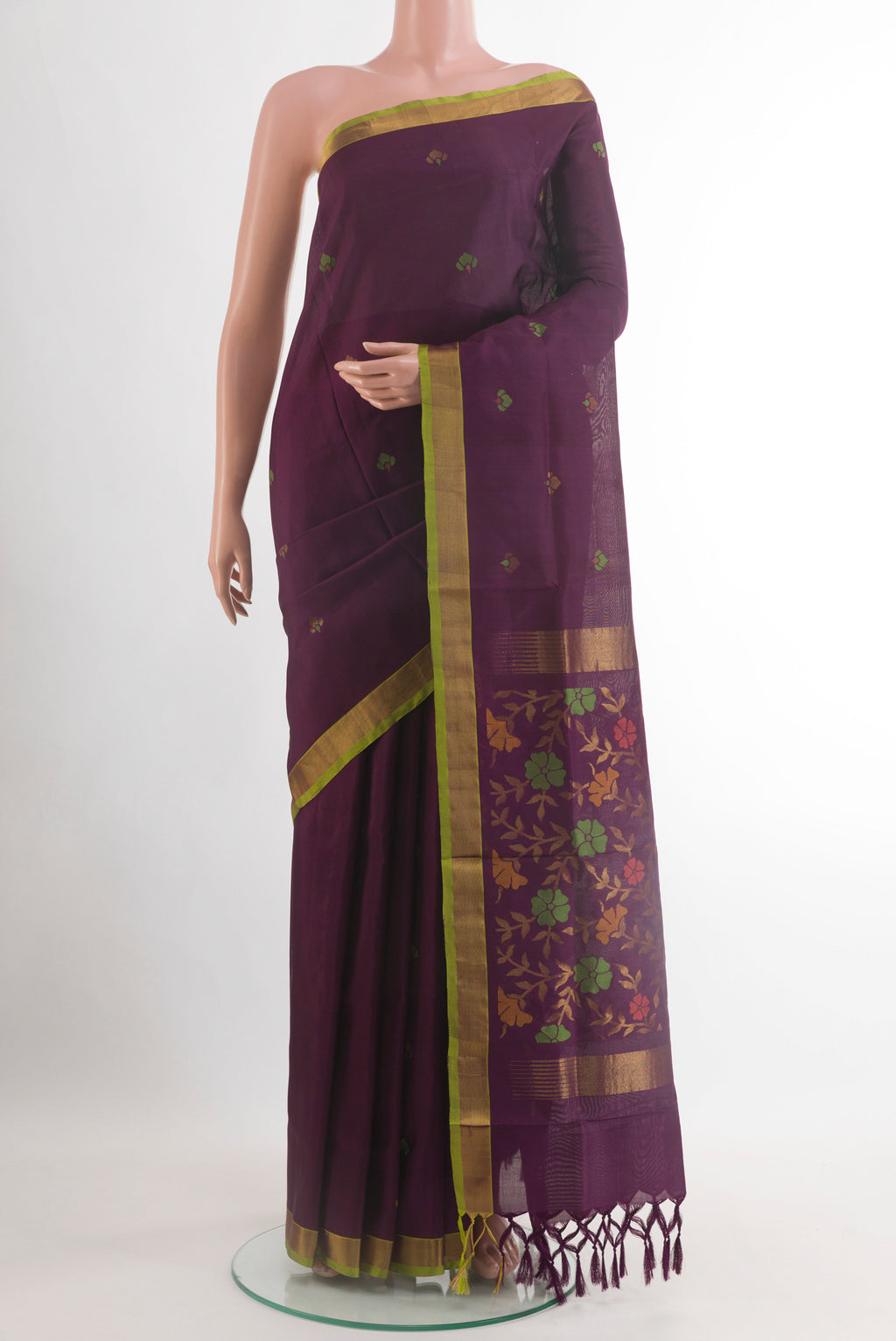 Purple Uppada Silk Saree with Zari Butta on the body and Zari Border.  displayed on a mannequin
