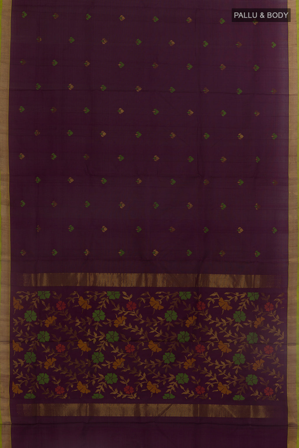 Flat view of Purple Uppada Silk Saree with Zari Butta on the body and Zari Border. 