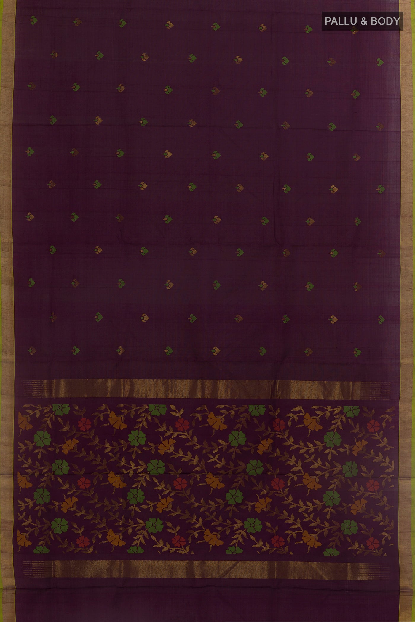Flat view of Purple Uppada Silk Saree with Zari Butta on the body and Zari Border. 