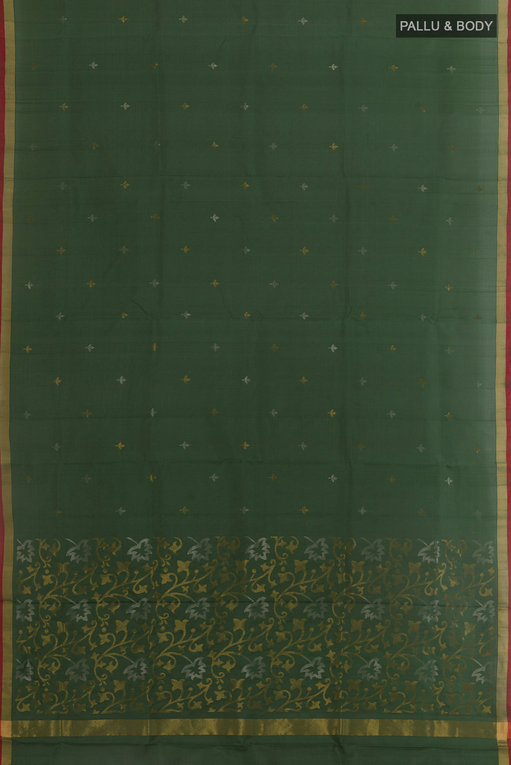 Flat view of Bottle Green Uppada Silk Saree with Zari Butta on the body and Zari Border. 