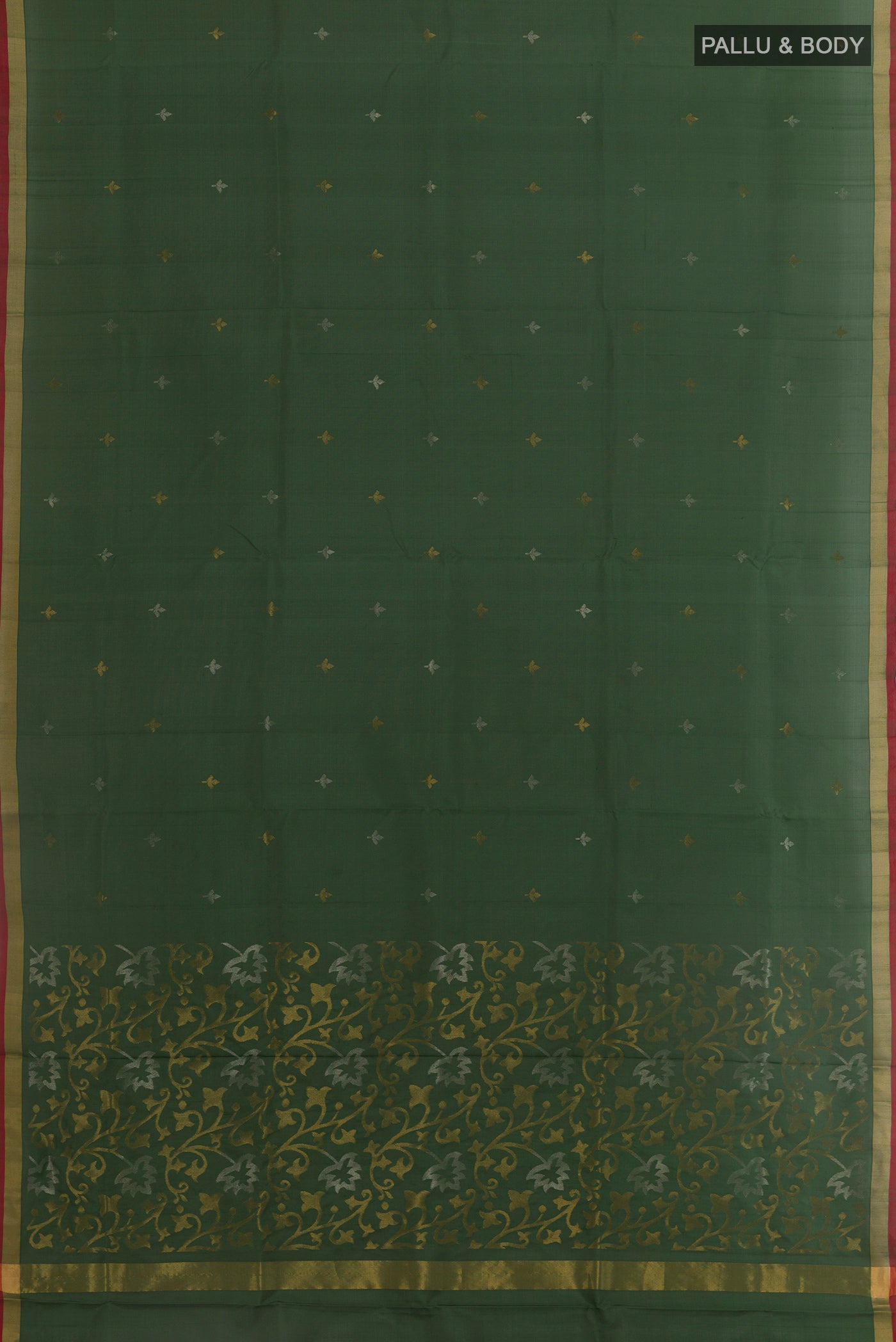 Flat view of Bottle Green Uppada Silk Saree with Zari Butta on the body and Zari Border. 
