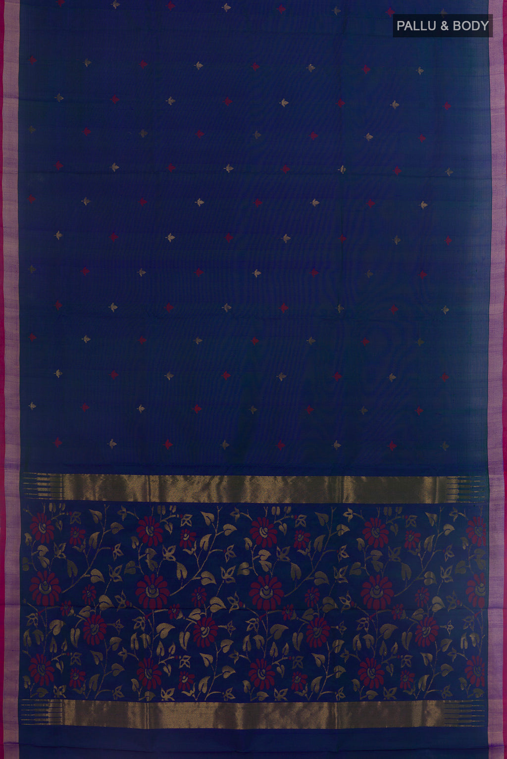 Flat view of Peacock Blue Uppada Silk Saree with Zari Butta on the body and Zari Border. 