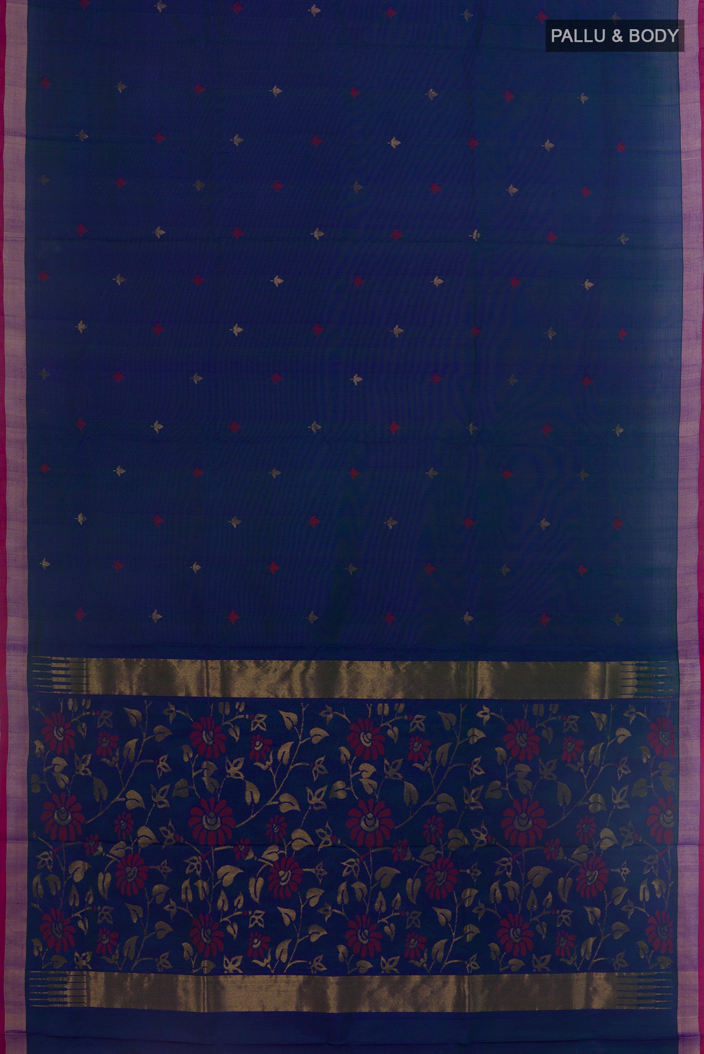 Flat view of Peacock Blue Uppada Silk Saree with Zari Butta on the body and Zari Border. 