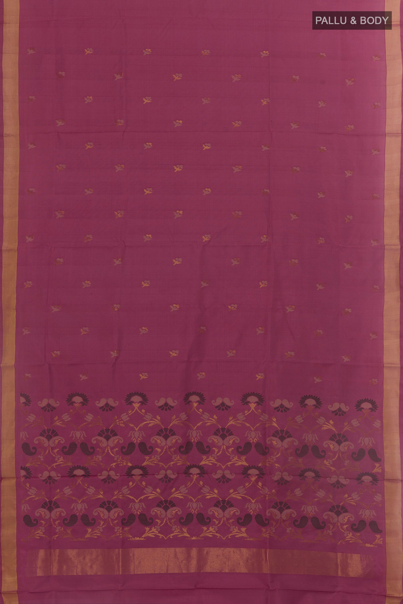 Flat view of Light Magenta Uppada Silk Saree with Zari Butta on the body and Zari Border. 