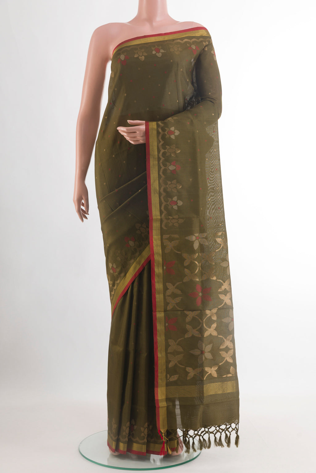 Mehandi Green Uppada Silk Saree with Zari Butta on the body and Zari Border.  displayed on a mannequin