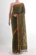 Mehandi Green Uppada Silk Saree with Zari Butta on the body and Zari Border.  displayed on a mannequin
