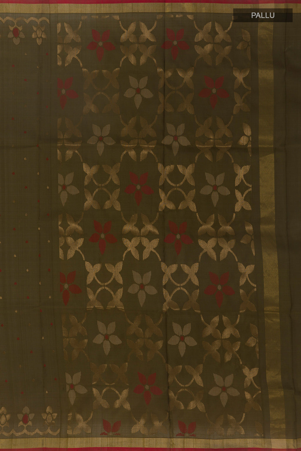 Close up image of the pallu of Mehandi Green Uppada Silk Saree with Zari Butta on the body and Zari Border. 