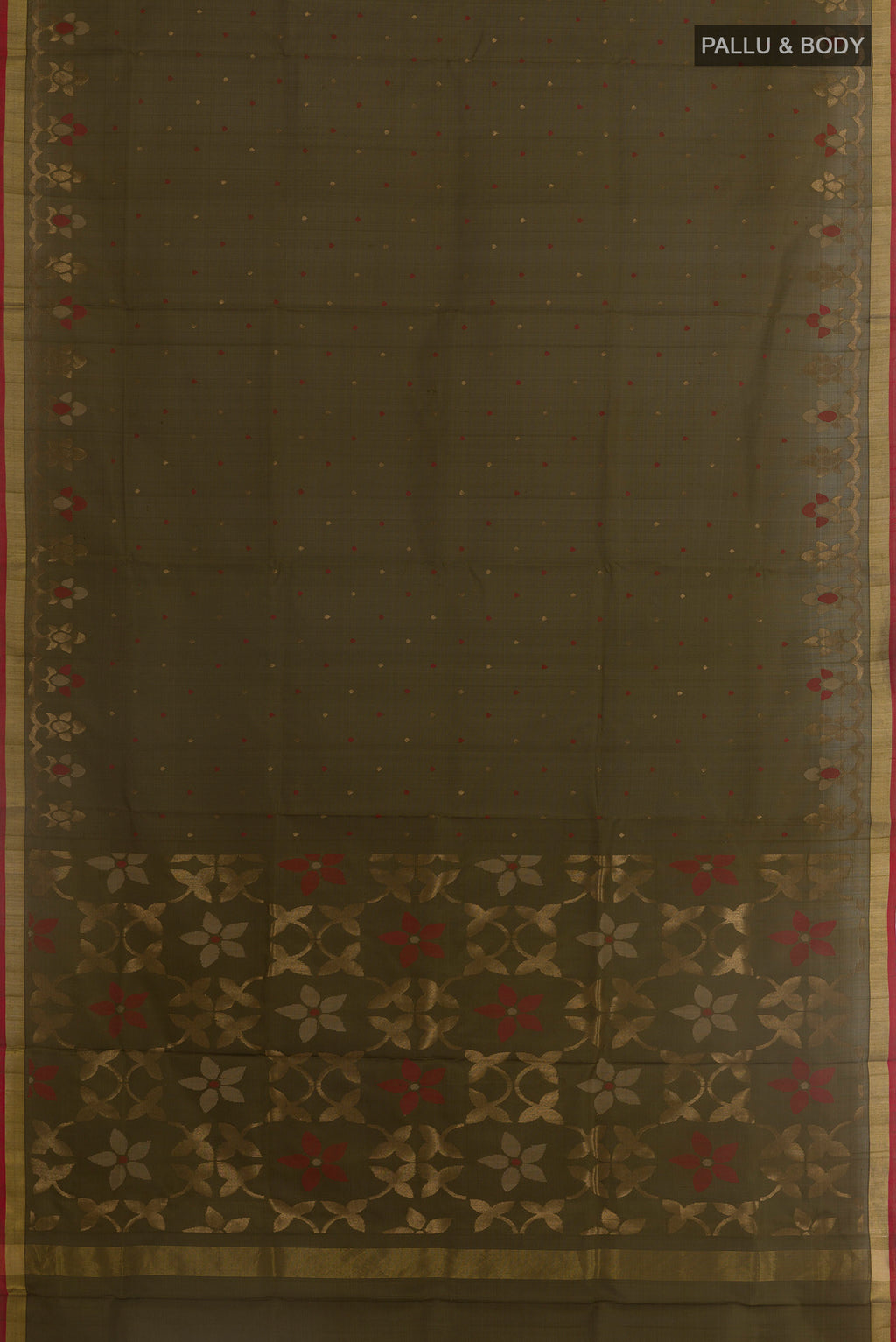Flat view of Mehandi Green Uppada Silk Saree with Zari Butta on the body and Zari Border. 