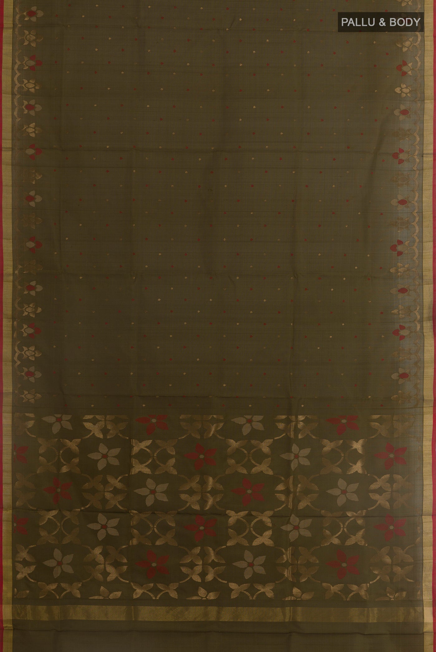Flat view of Mehandi Green Uppada Silk Saree with Zari Butta on the body and Zari Border. 