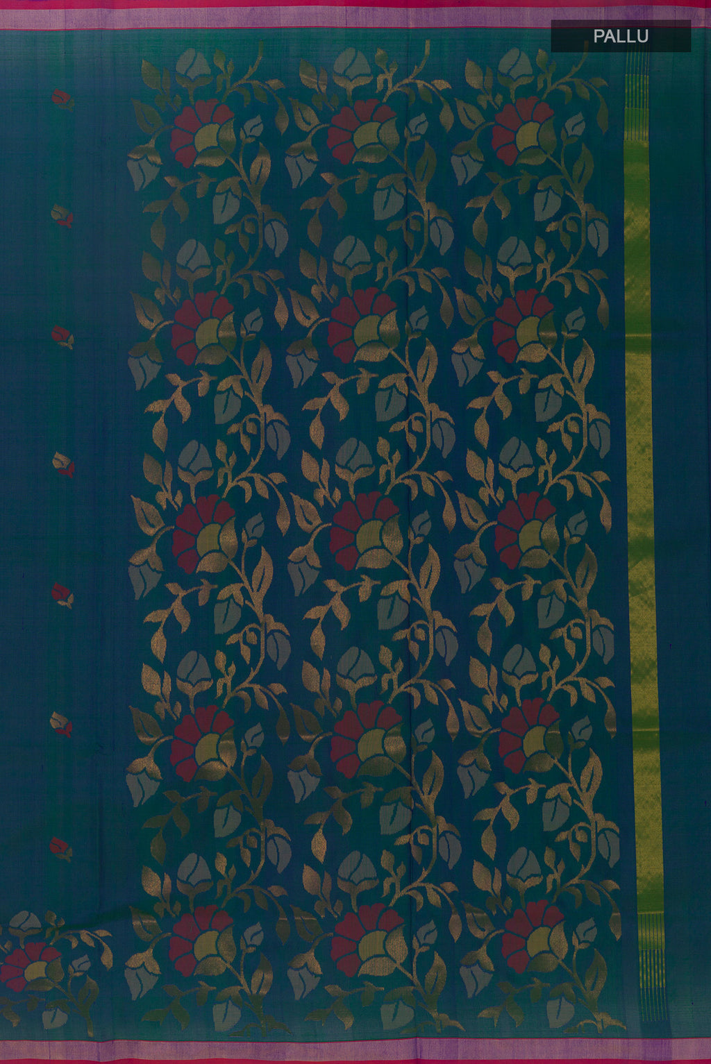 Close up image of the pallu of Peacock Blue Uppada Silk Saree with Zari Butta on the body and Zari Border. 