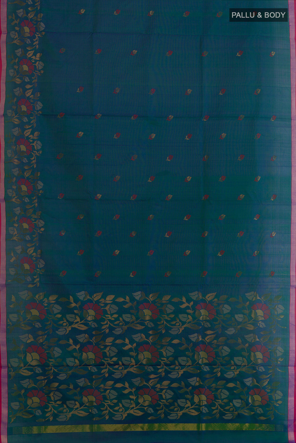 Flat view of Peacock Blue Uppada Silk Saree with Zari Butta on the body and Zari Border. 
