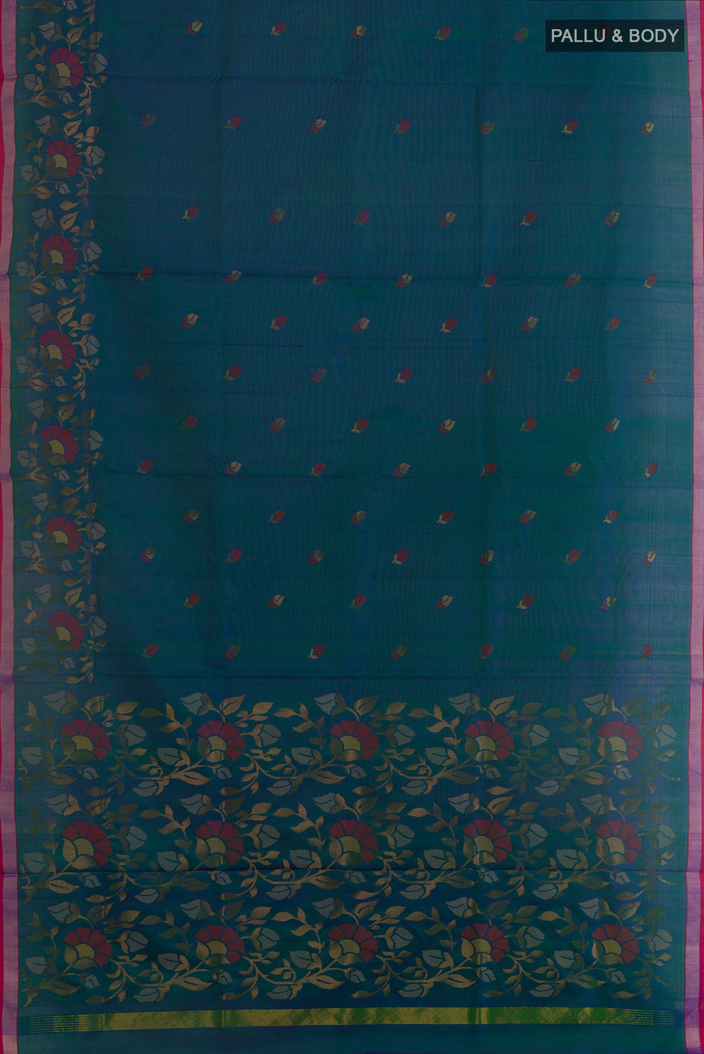 Flat view of Peacock Blue Uppada Silk Saree with Zari Butta on the body and Zari Border. 