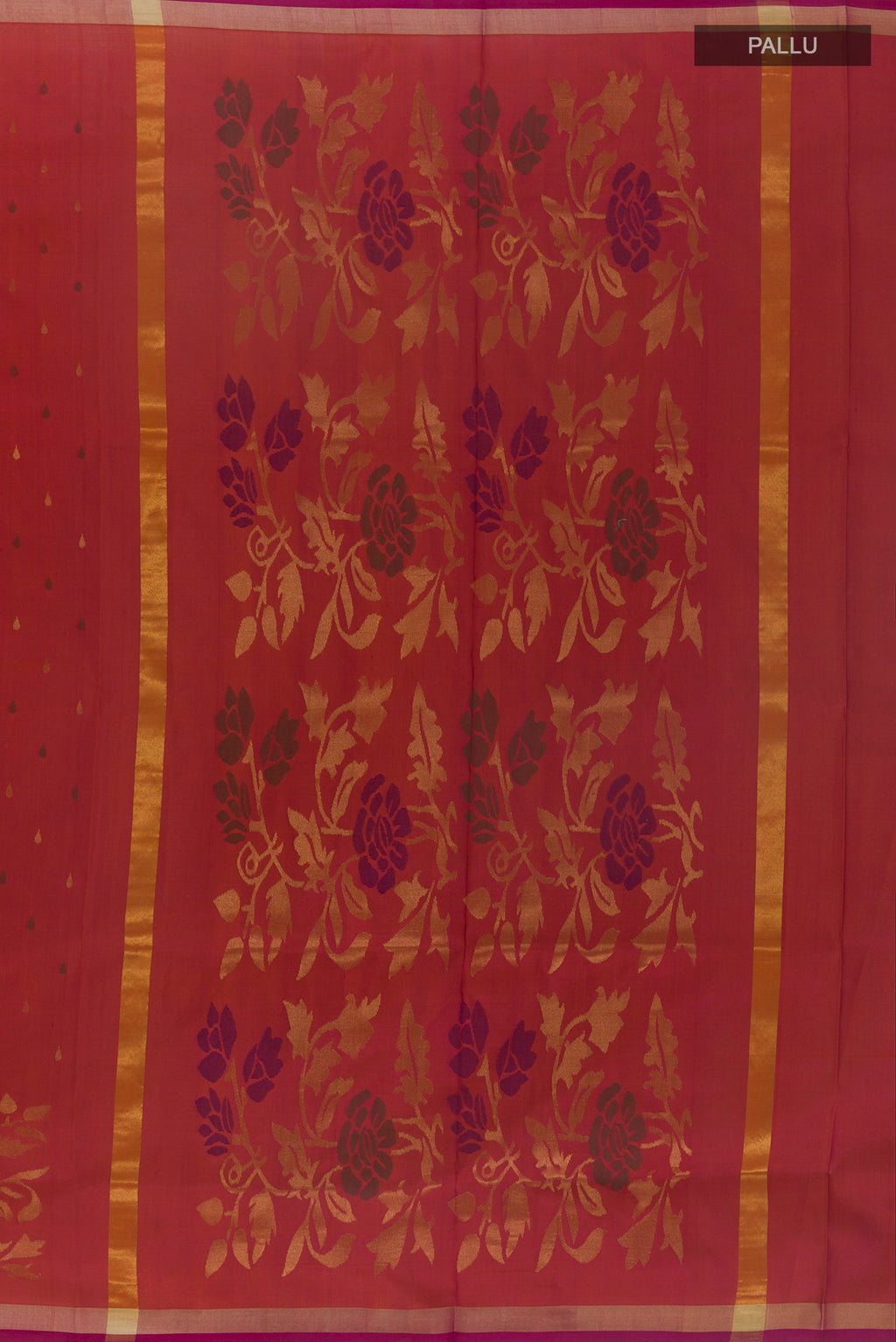 Close up image of the pallu of Pink with Orange Color Uppada Silk Saree with Zari Butta on the body and Zari Border. 