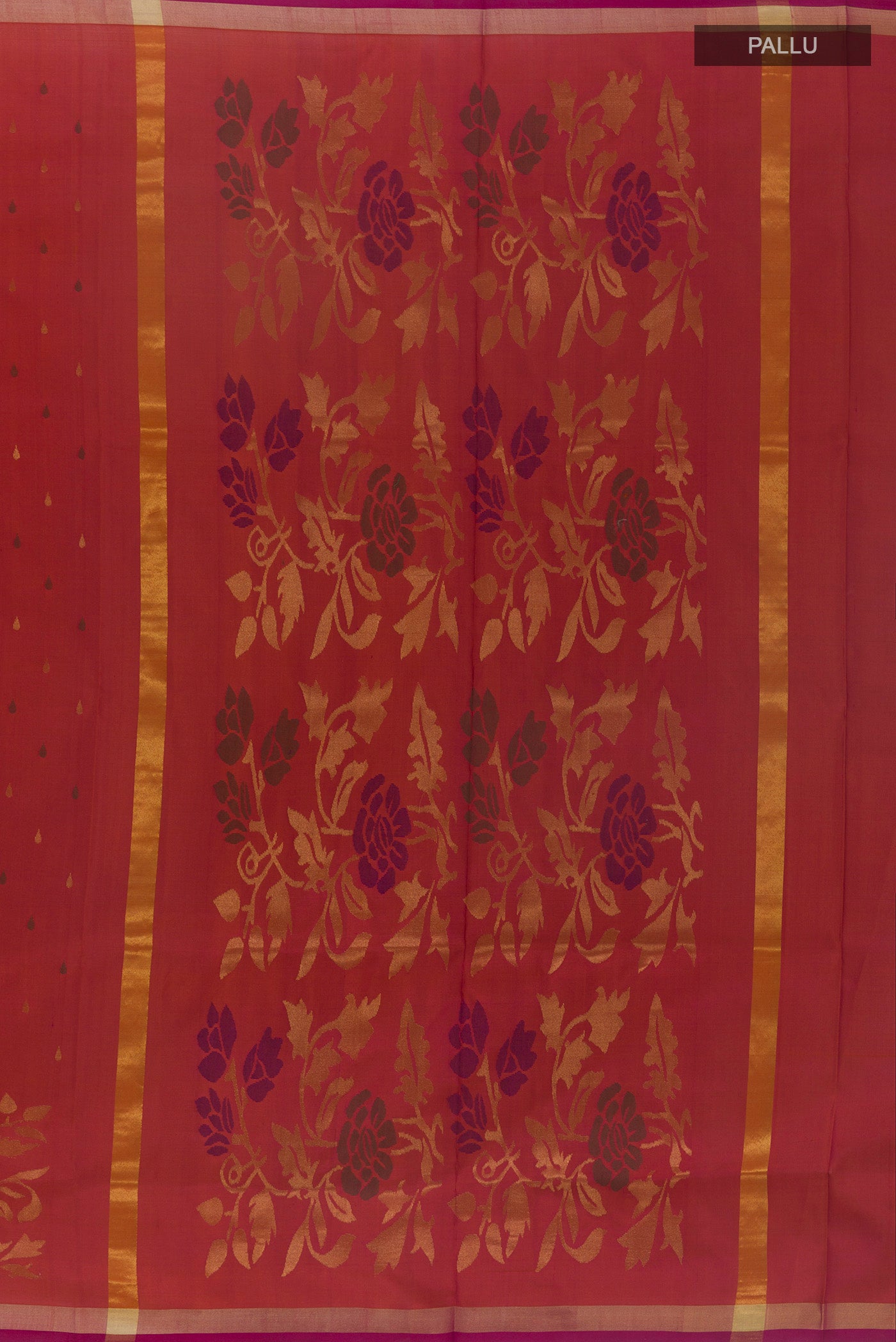 Close up image of the pallu of Pink with Orange Color Uppada Silk Saree with Zari Butta on the body and Zari Border. 
