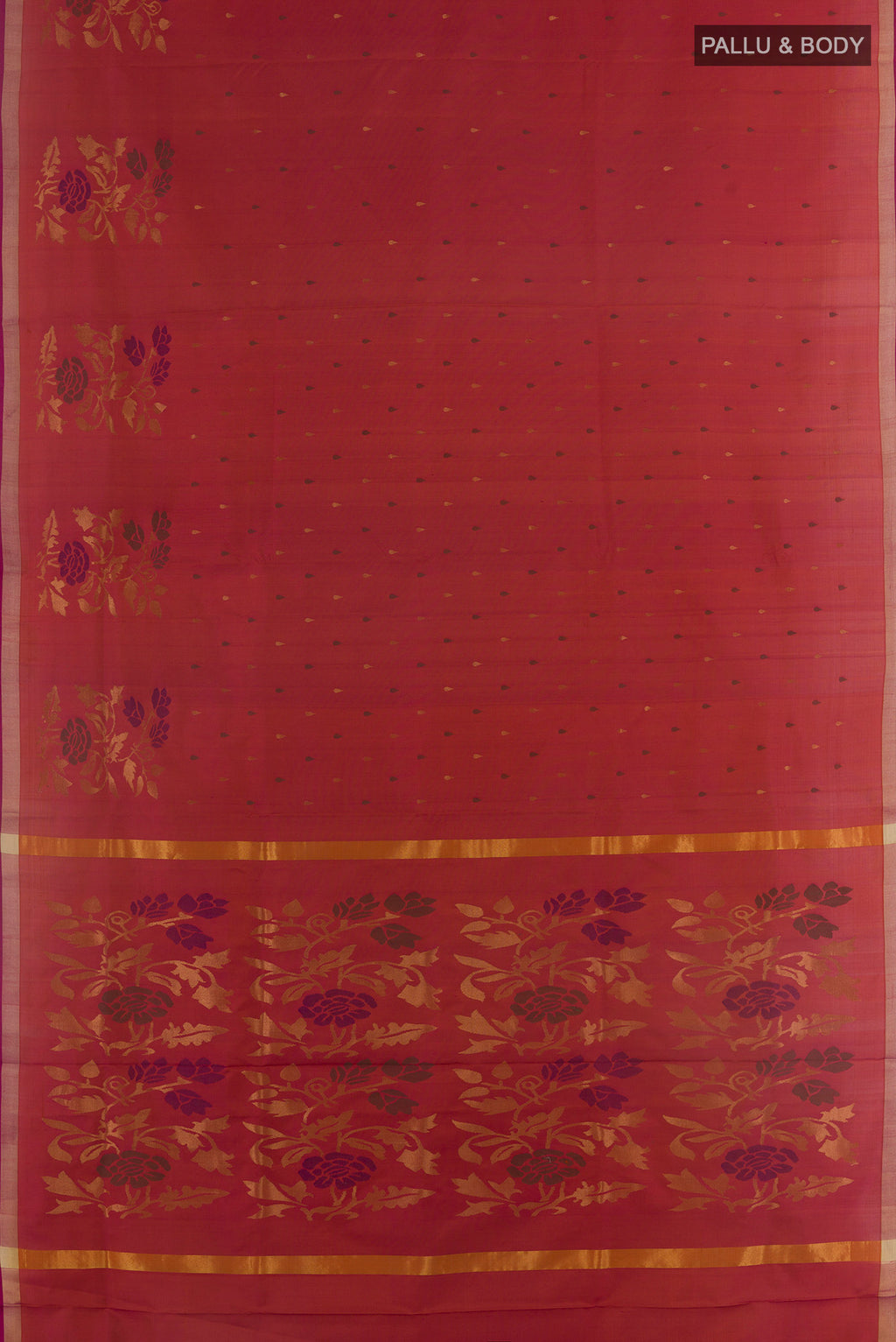 Flat view of Pink with Orange Color Uppada Silk Saree with Zari Butta on the body and Zari Border. 