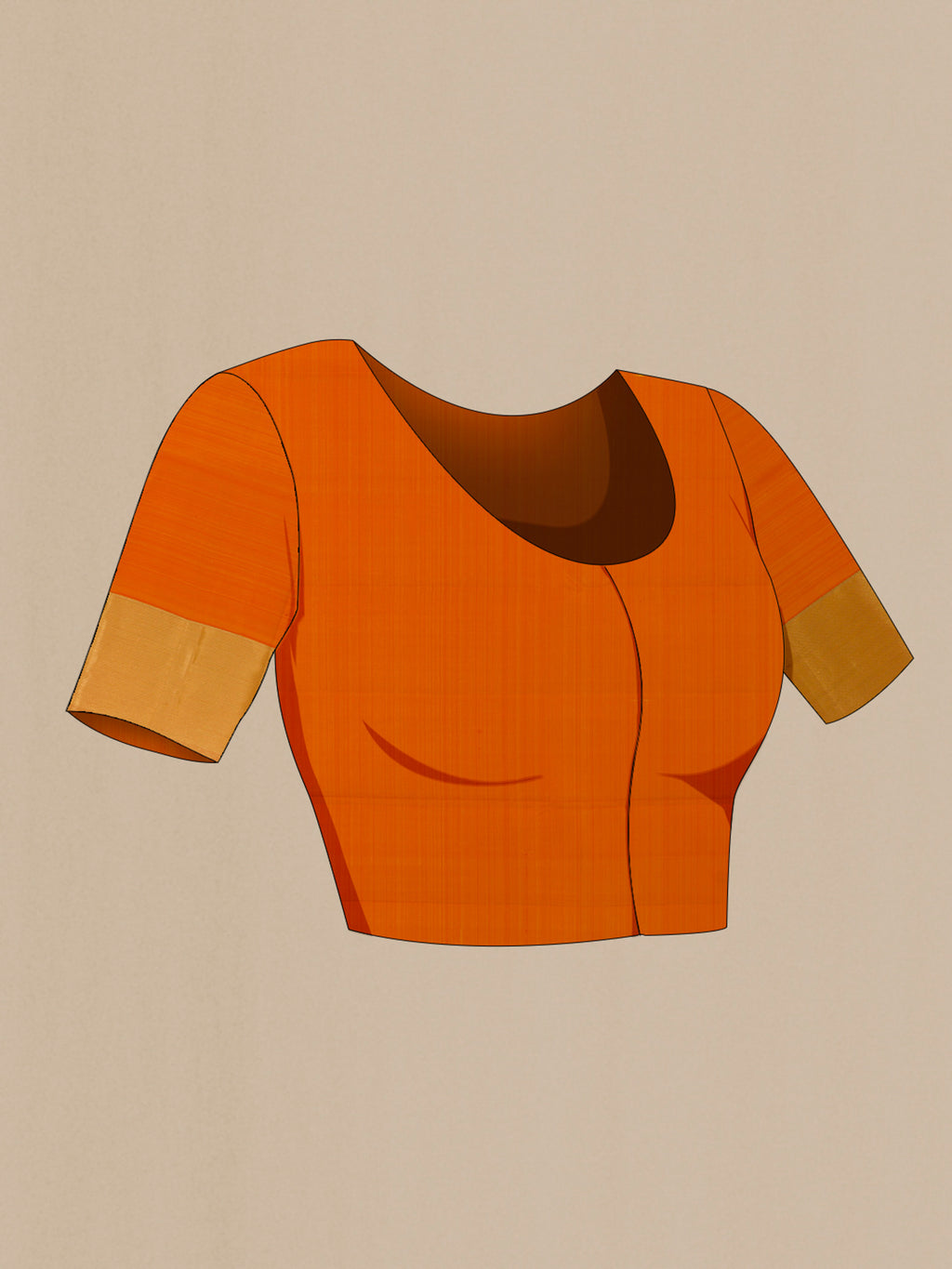 Close up image of the blouse of Pure Silk Orange Kanjivaram Saree with Plain Body and Zari Border. 