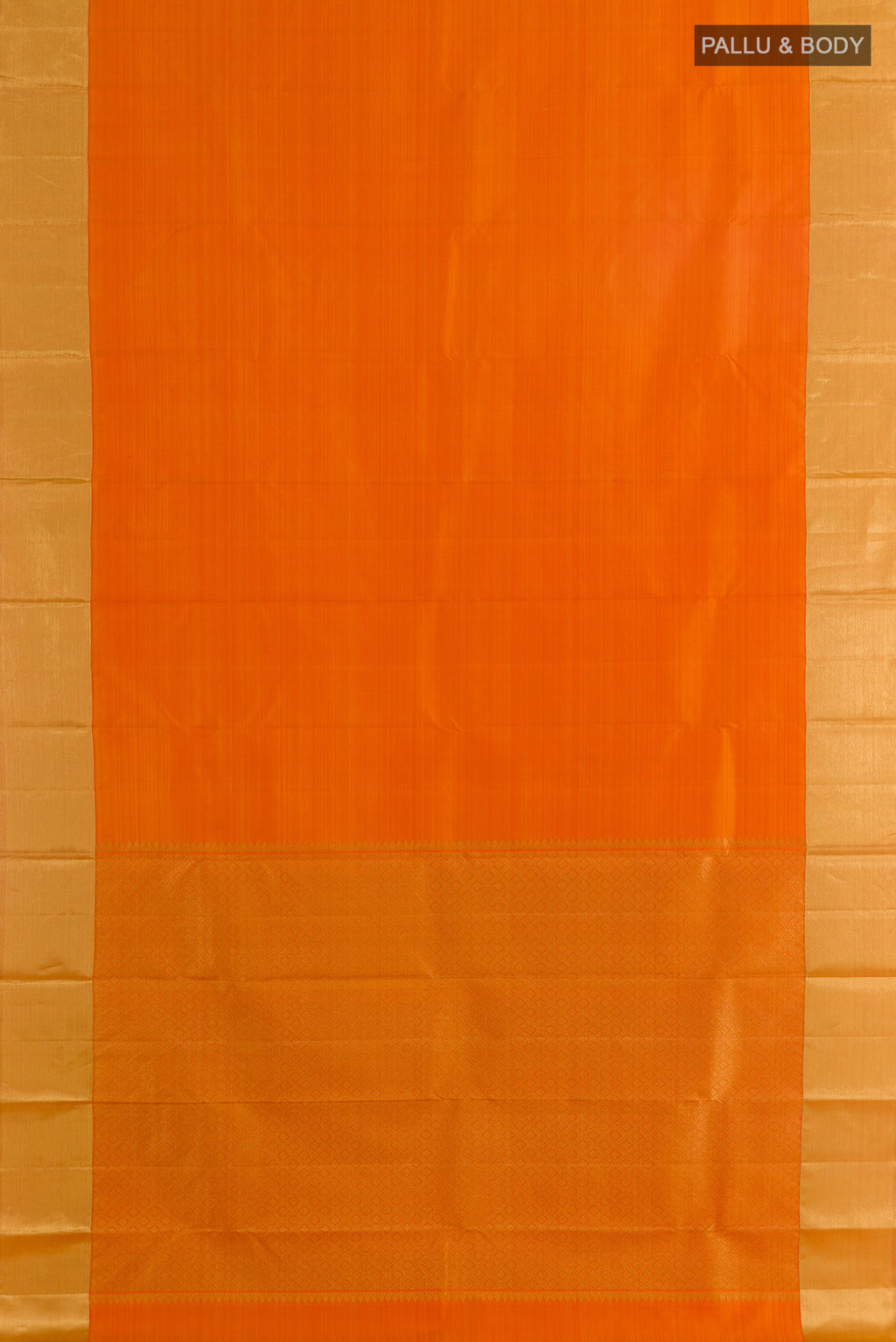Flat view of Pure Silk Orange Kanjivaram Saree with Plain Body and Zari Border. 