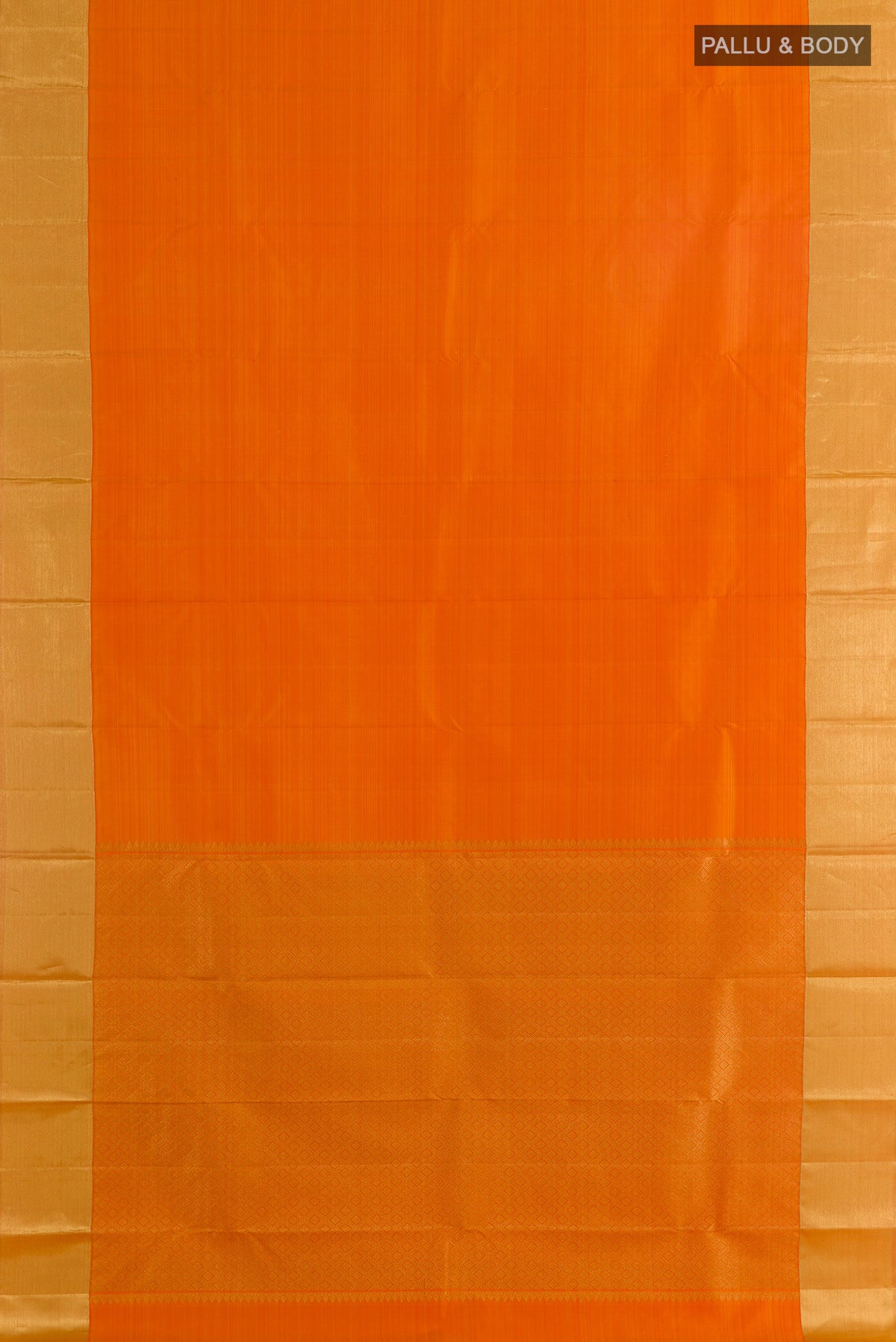 Flat view of Pure Silk Orange Kanjivaram Saree with Plain Body and Zari Border. 