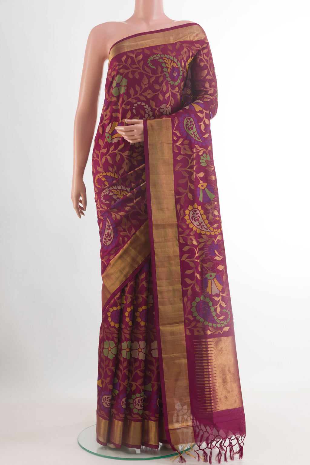 Purple Uppada Silk Saree with Zari Brocade on the body and Zari Border.  displayed on a mannequin