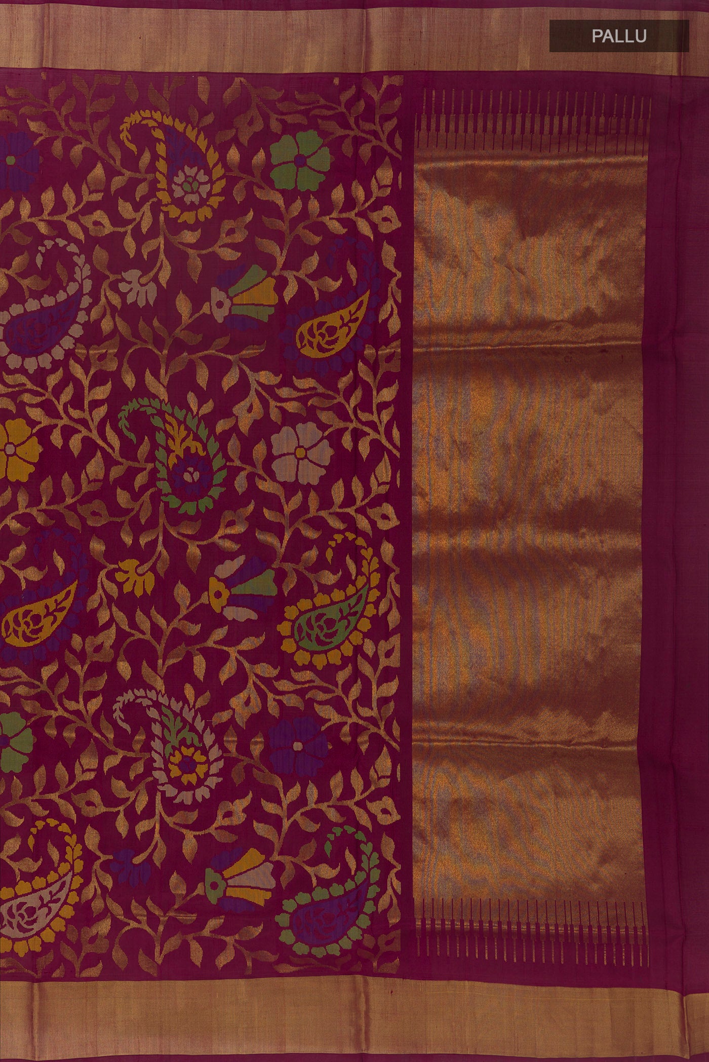 Close up image of the pallu of Purple Uppada Silk Saree with Zari Brocade on the body and Zari Border. 