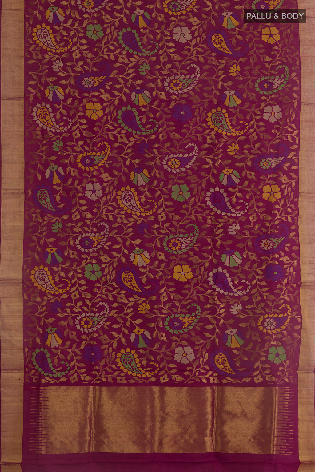 Flat view of Purple Uppada Silk Saree with Zari Brocade on the body and Zari Border. 