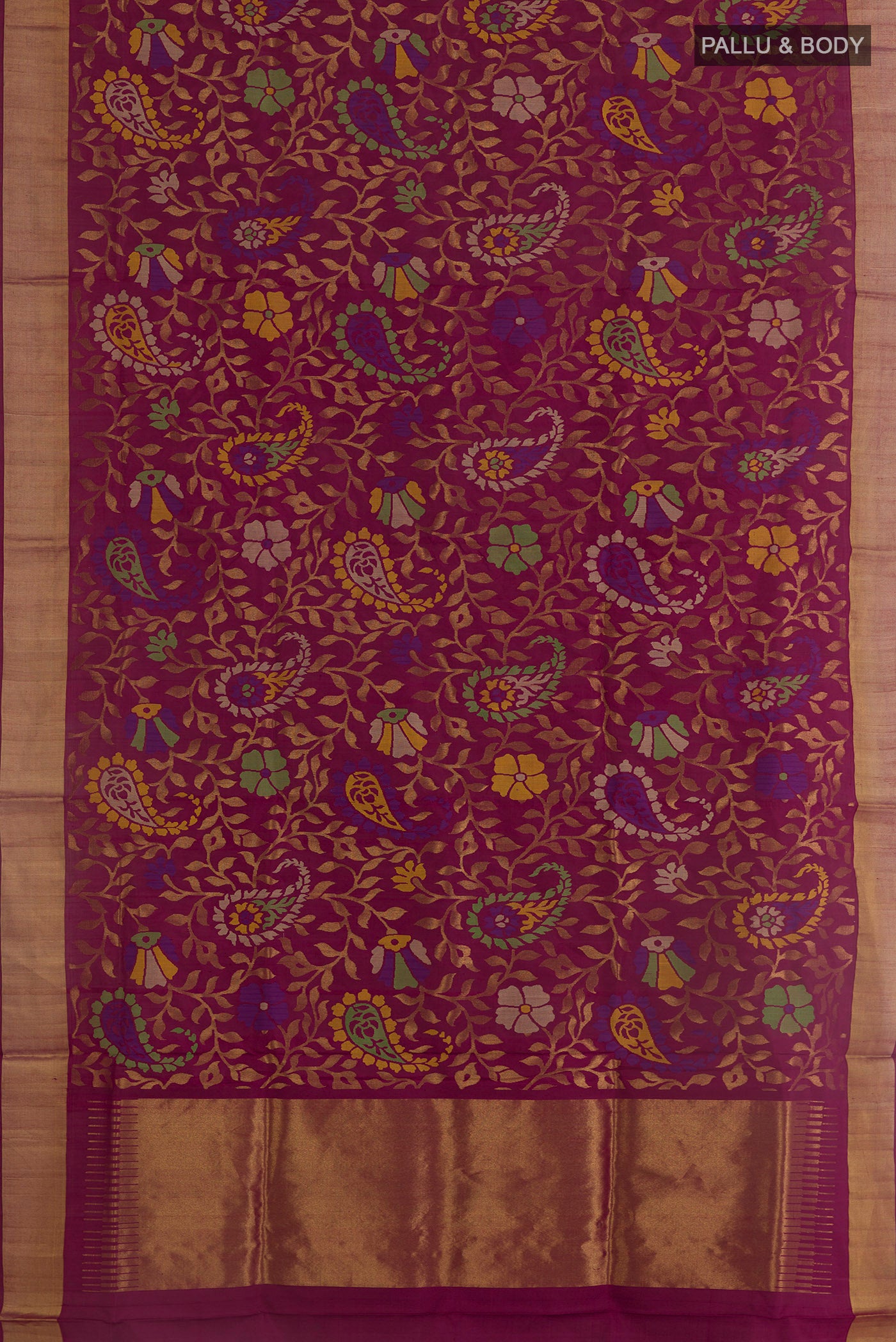 Flat view of Purple Uppada Silk Saree with Zari Brocade on the body and Zari Border. 