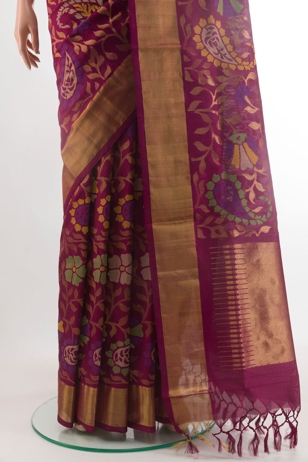Pleats and pallu of Purple Uppada Silk Saree with Zari Brocade on the body and Zari Border. 