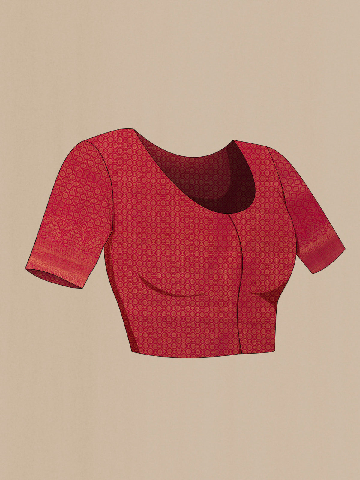 Close up image of the blouse of Pink Kanchipuram Silk Saree with Zari Butta on the body and Zari Border. 