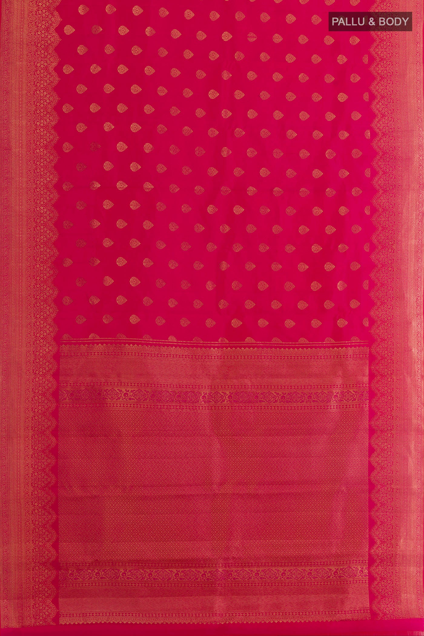 Flat view of Pink Kanchipuram Silk Saree with Zari Butta on the body and Zari Border. 