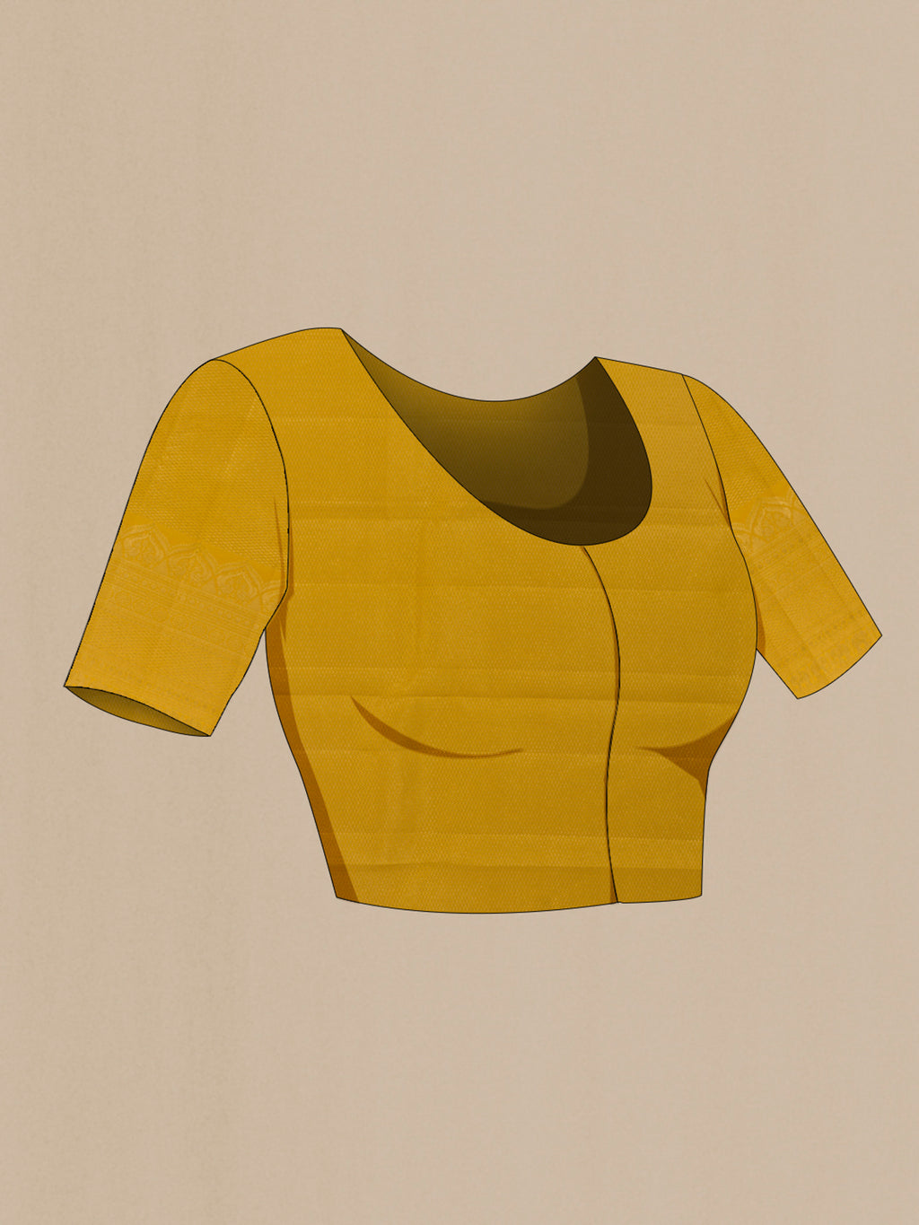 Close up image of the blouse of Yellow Kanchipuram Silk Saree with Zari Butta on the body and Zari Border. 