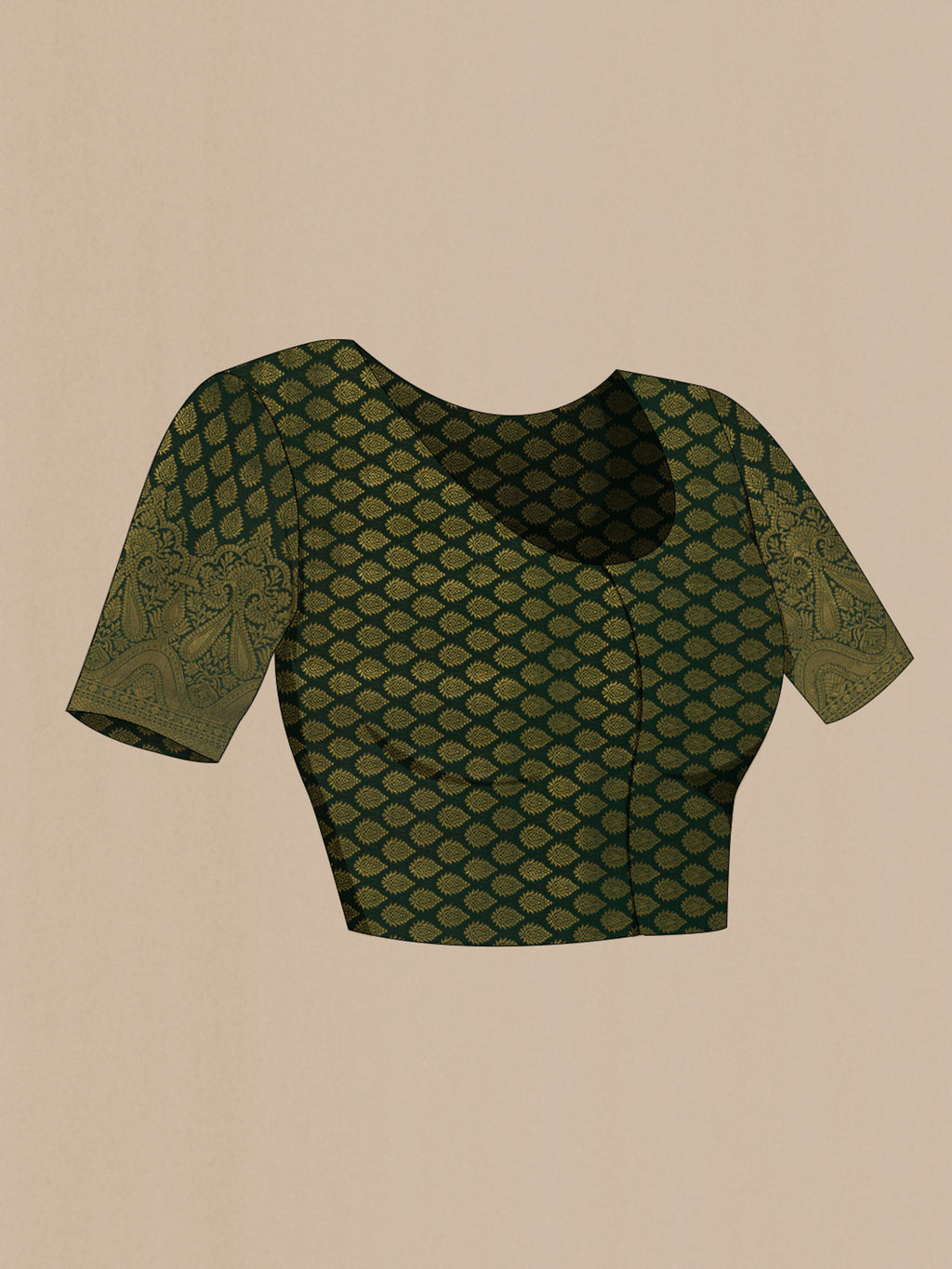 Close up image of the blouse of Bottle Green Kanchipuram Silk Saree with Zari Butta on the body and Zari Border. 