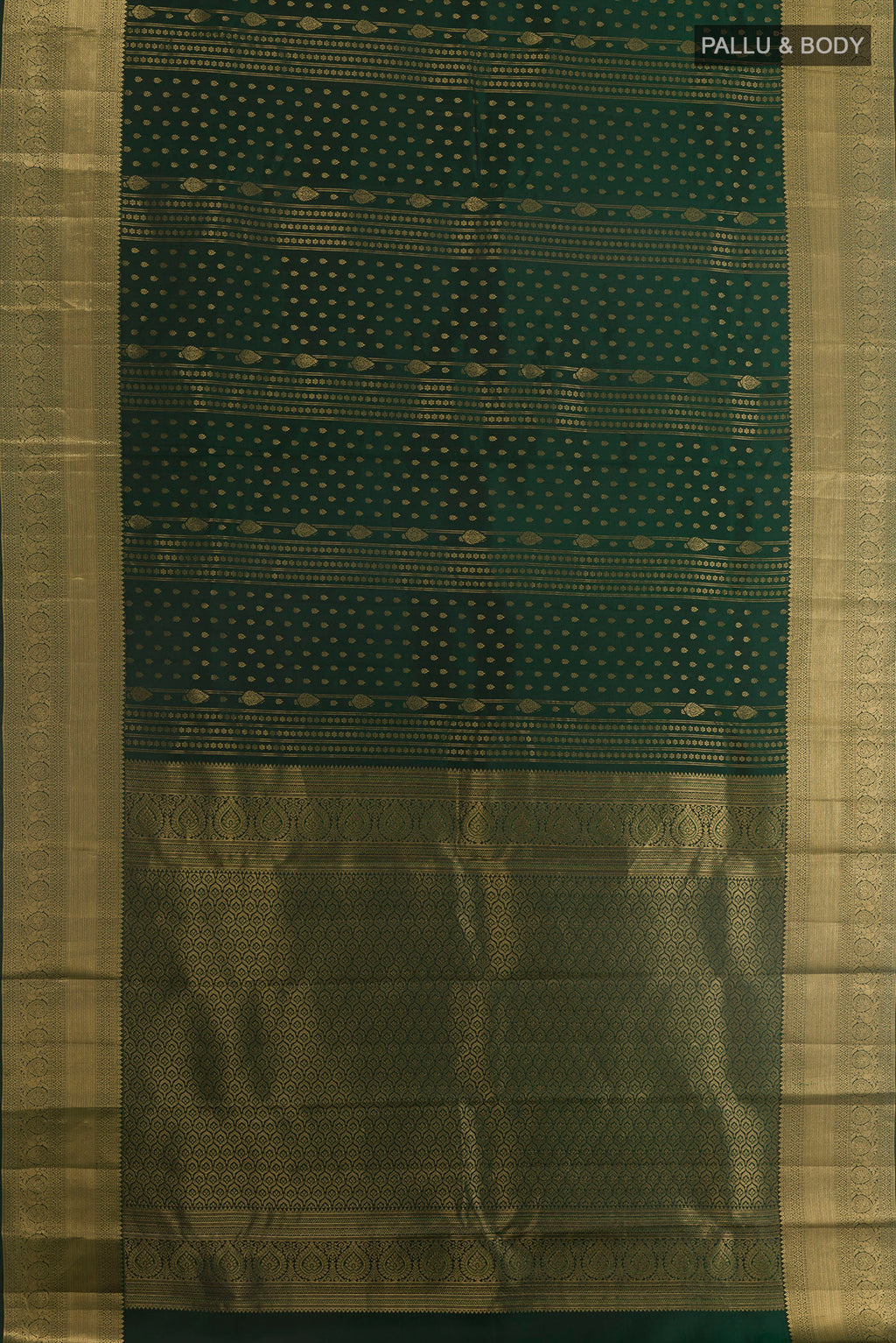 Flat view of Bottle Green Kanchipuram Silk Saree with Zari Brocade on the body and Zari Border. 