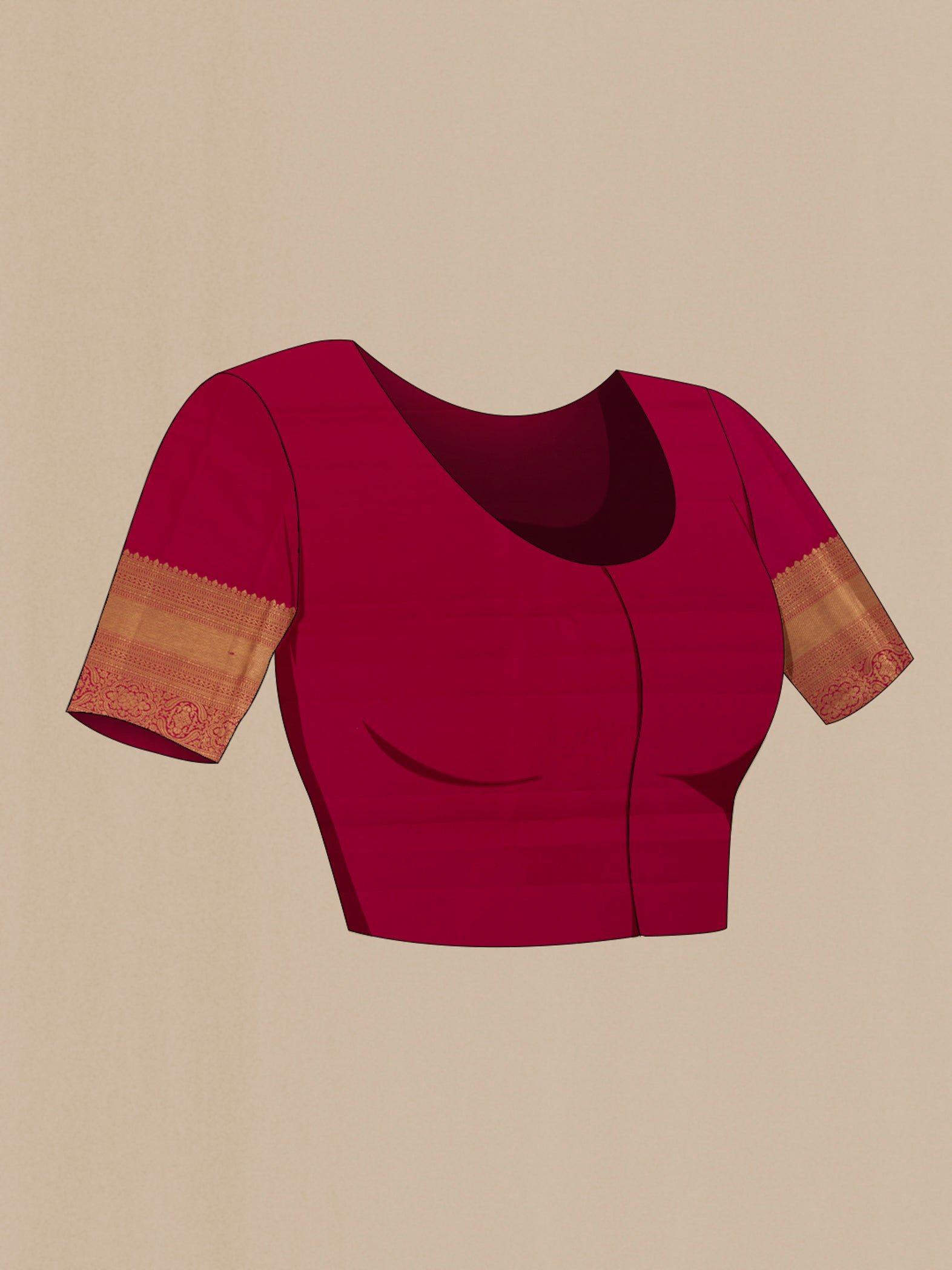 Close up image of the blouse of Maroon Kanchipuram Silk Saree with Zari Brocade on the body and Zari Border. 