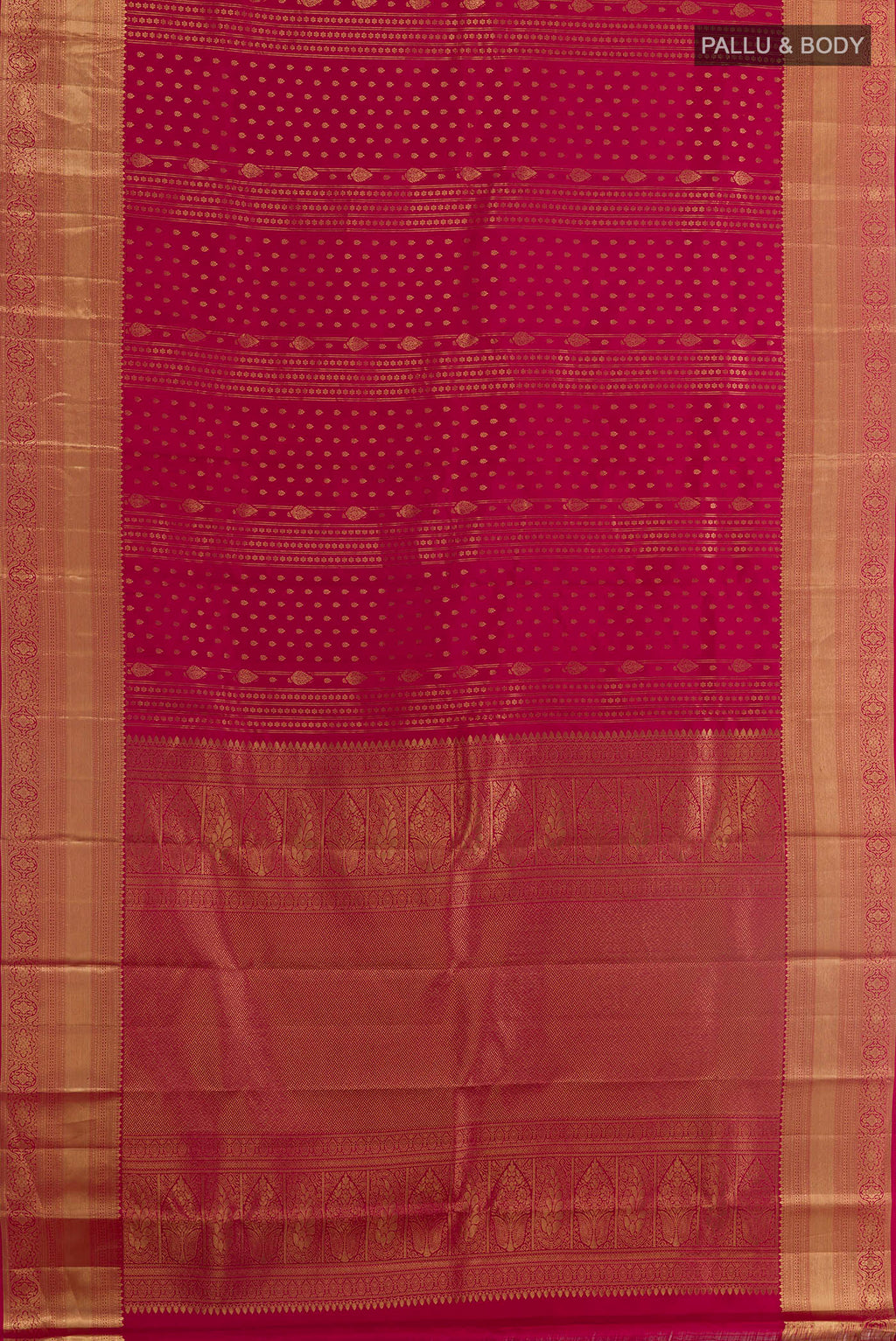 Flat view of Maroon Kanchipuram Silk Saree with Zari Brocade on the body and Zari Border. 