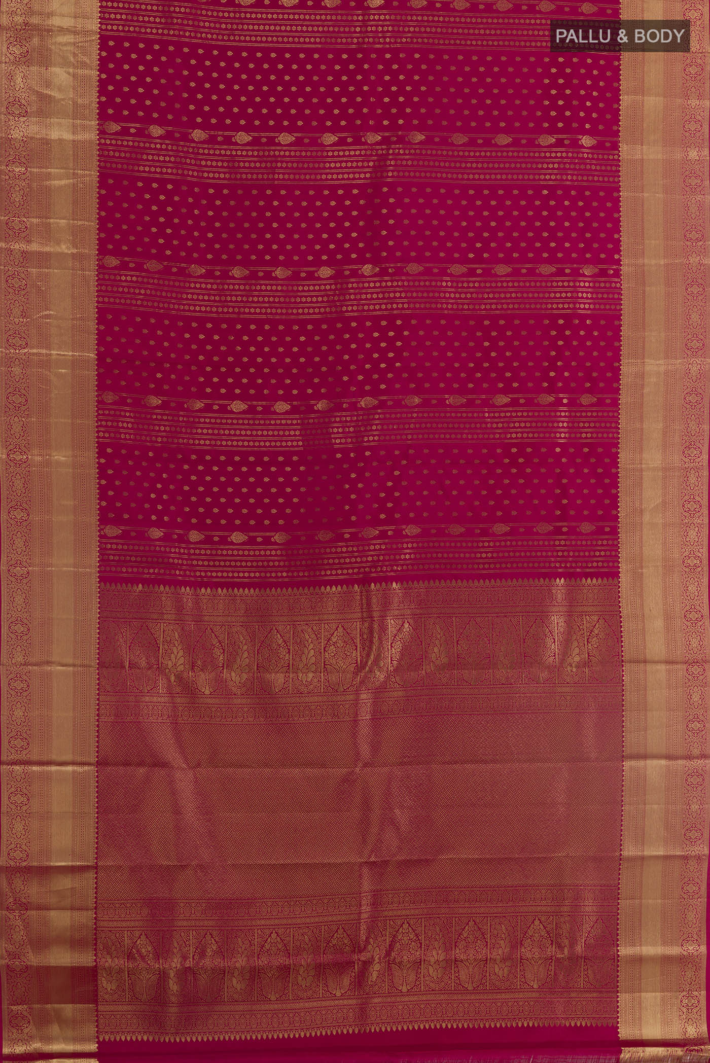 Flat view of Maroon Kanchipuram Silk Saree with Zari Brocade on the body and Zari Border. 