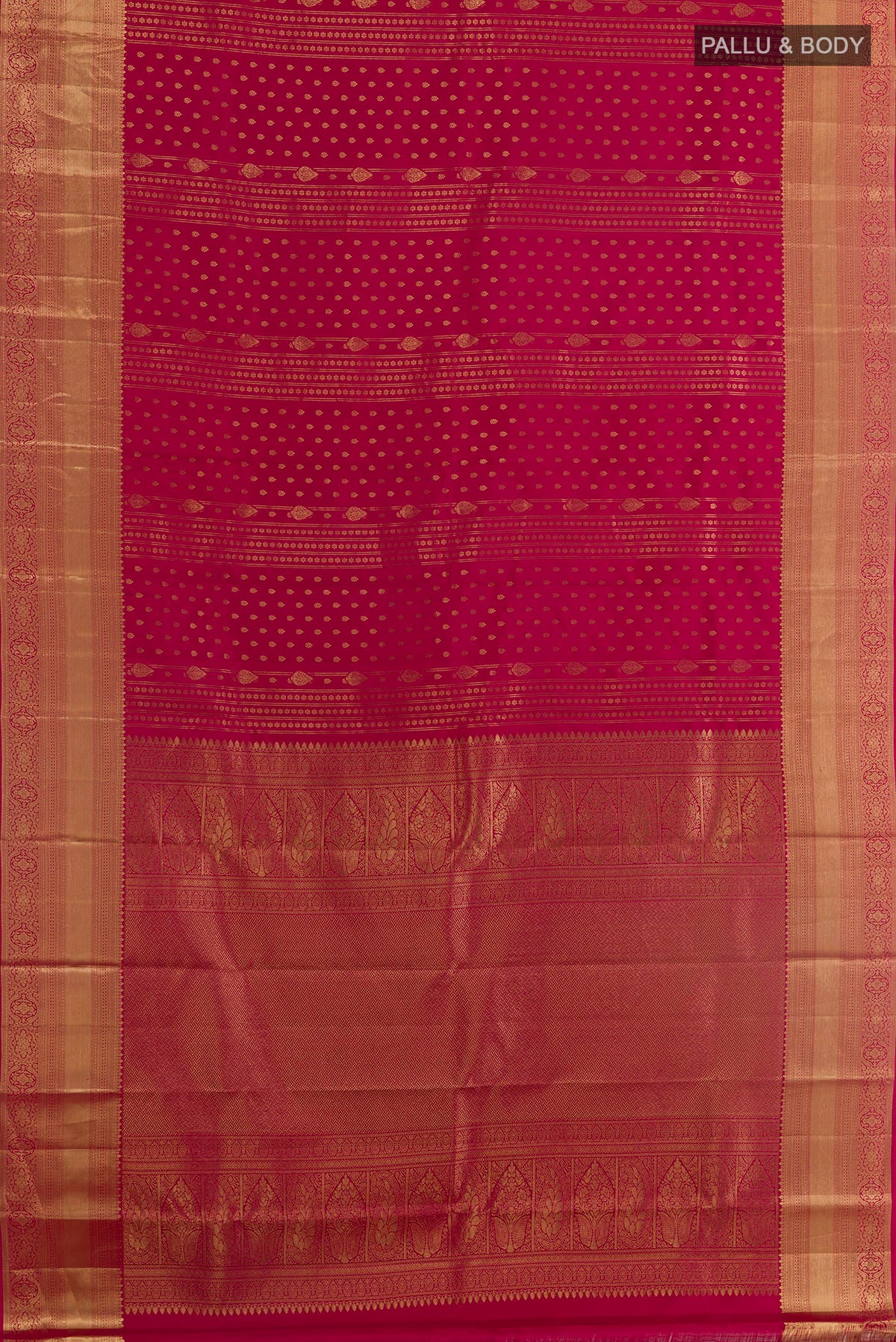 Flat view of Maroon Kanchipuram Silk Saree with Zari Brocade on the body and Zari Border. 