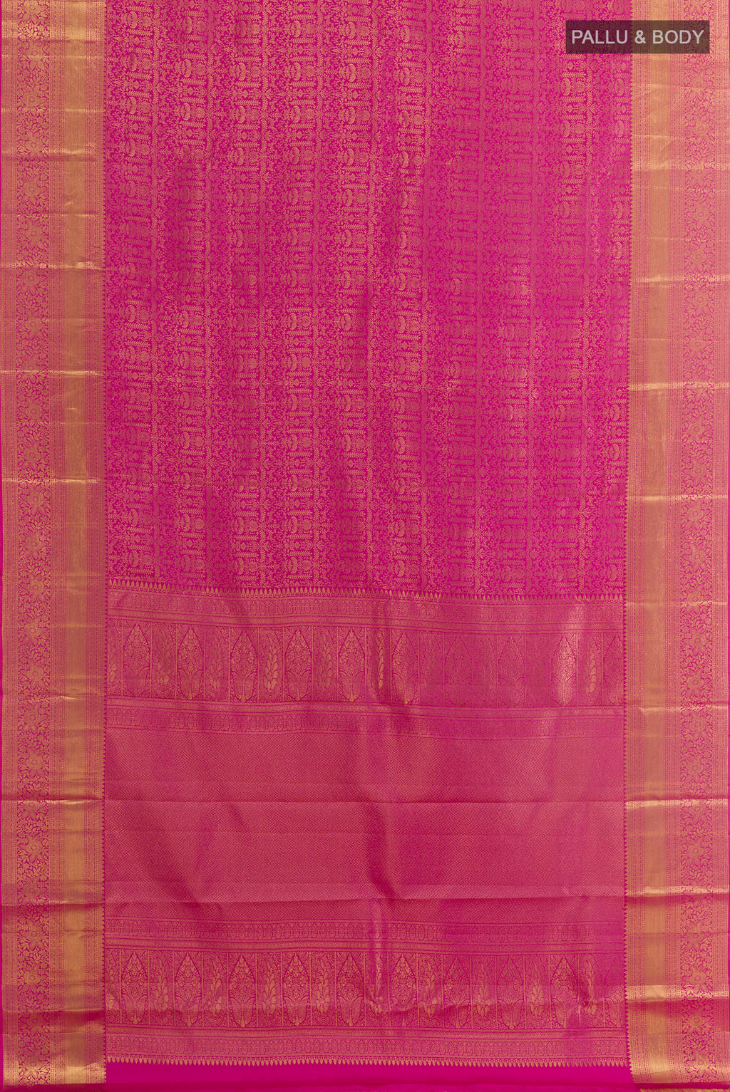 Flat view of Pink Kanchipuram Silk Saree with Zari Brocade on the body and Zari Border. 