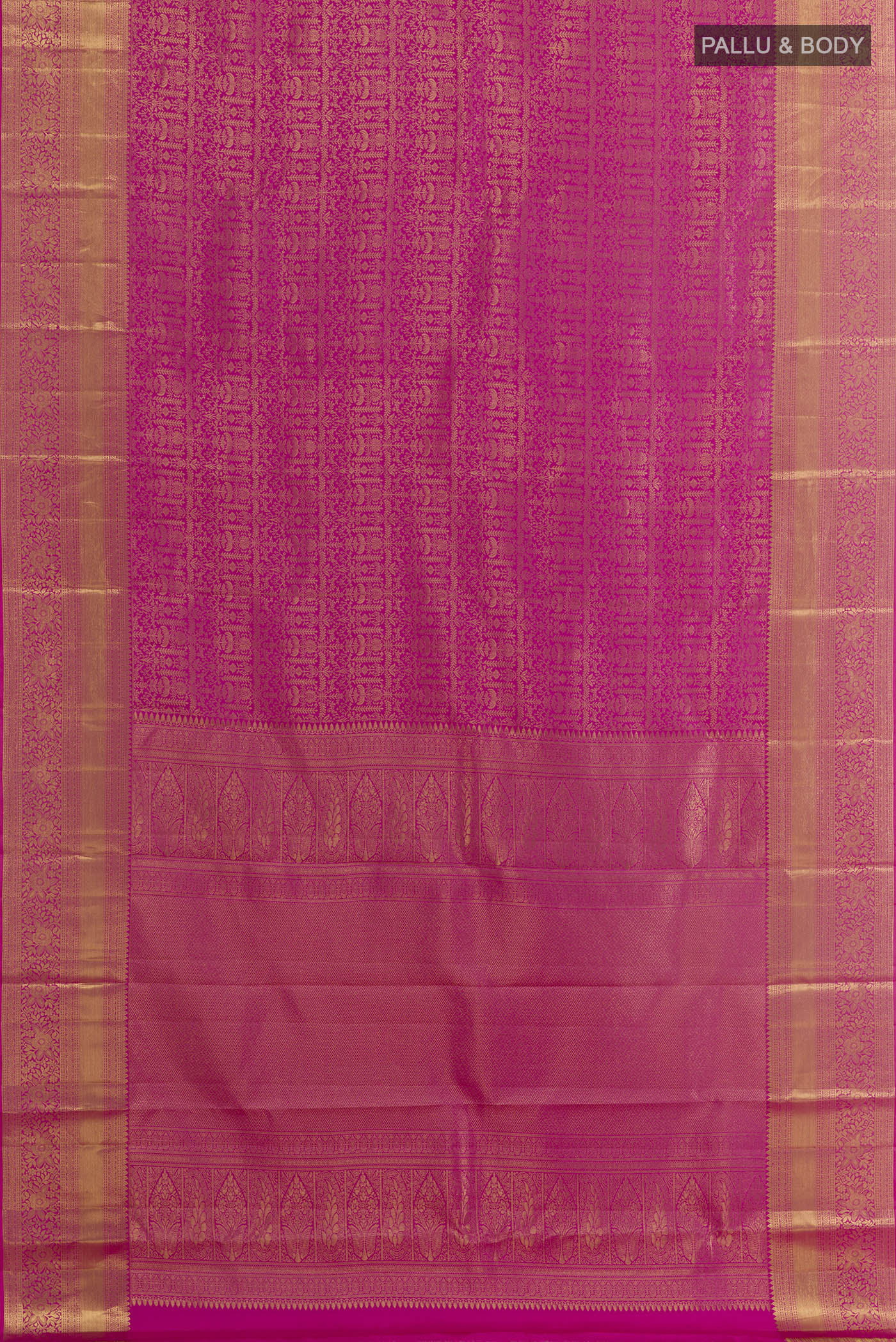 Flat view of Pink Kanchipuram Silk Saree with Zari Brocade on the body and Zari Border. 