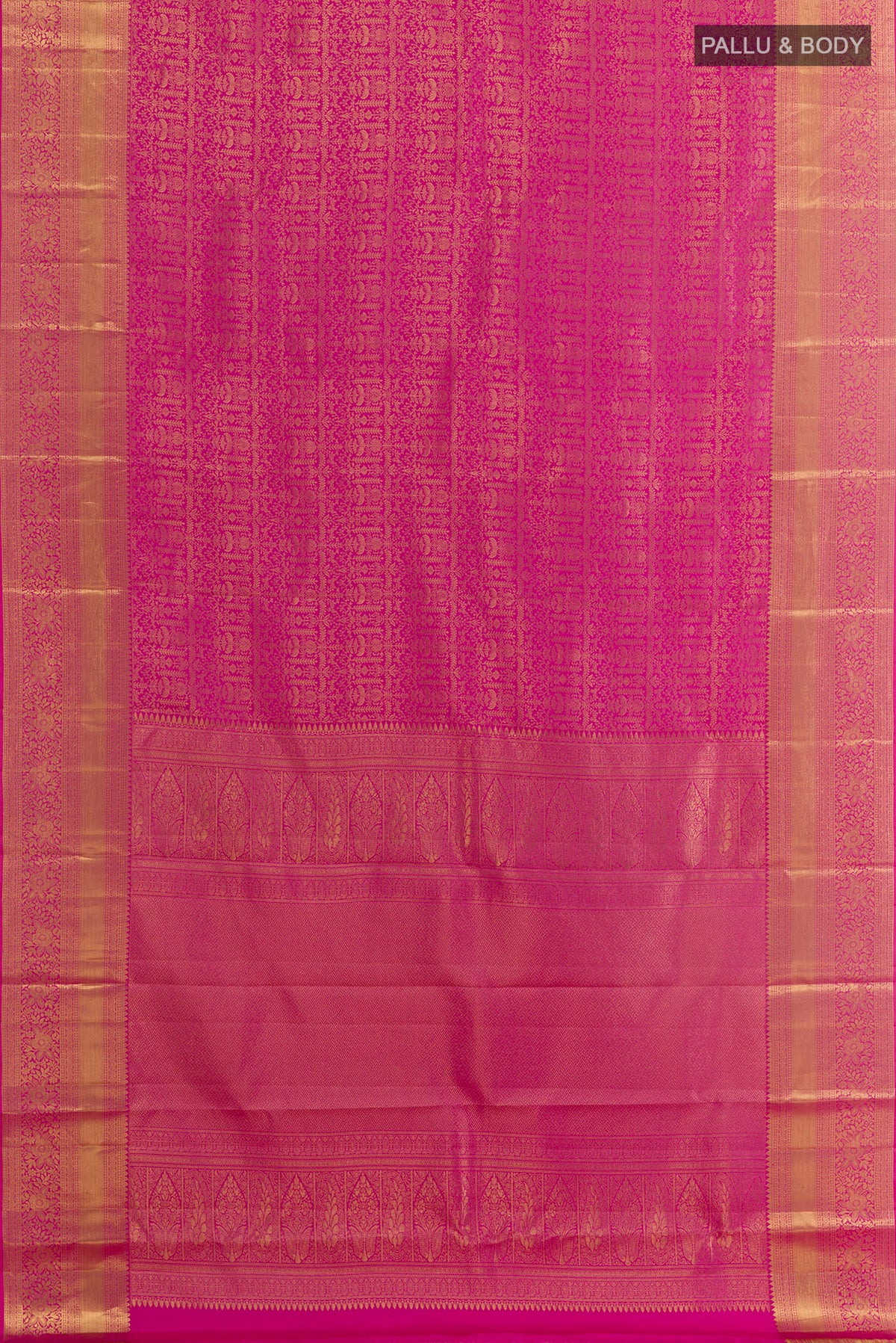 Flat view of Pink Kanchipuram Silk Saree with Zari Brocade on the body and Zari Border. 