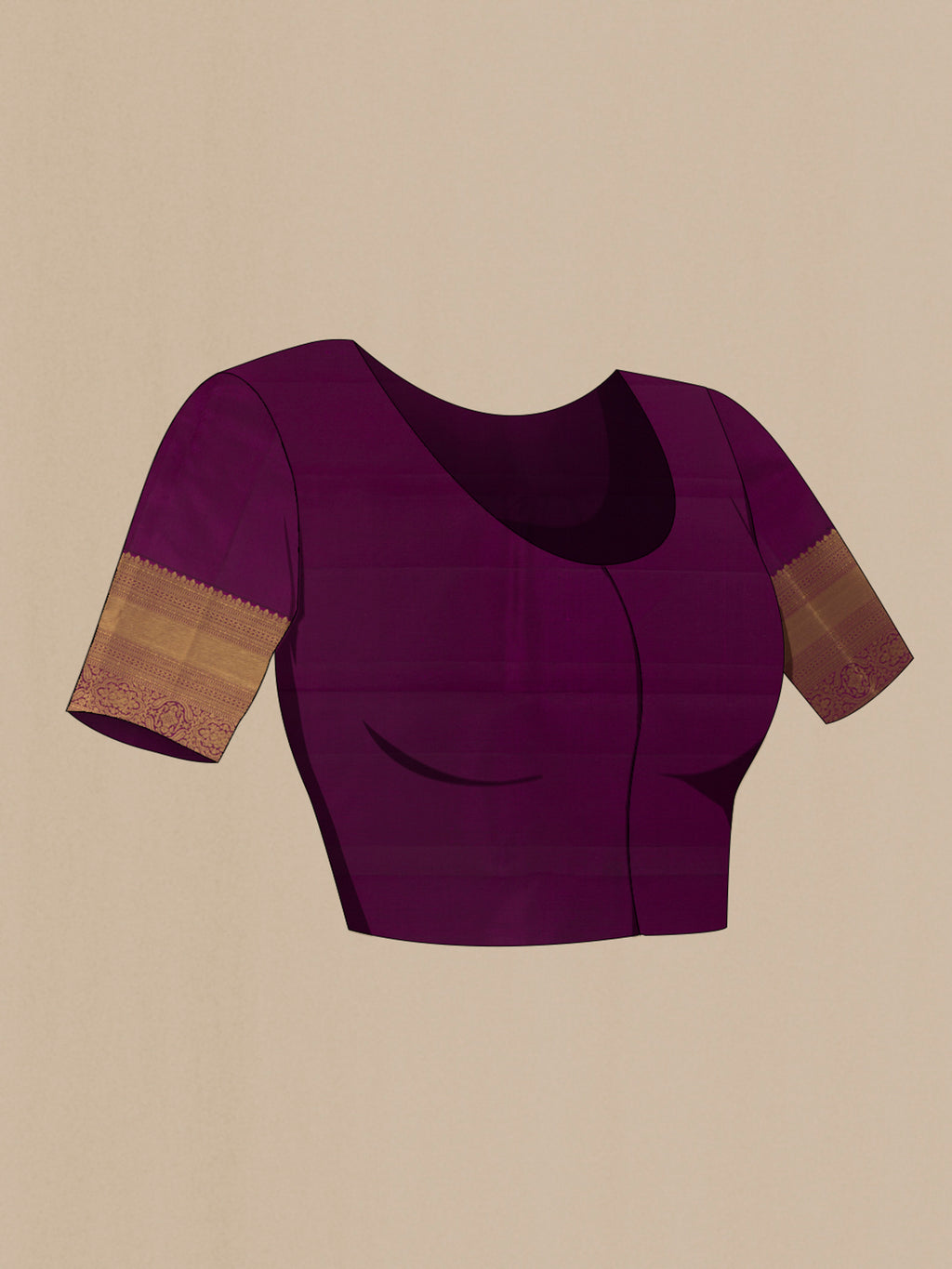 Close up image of the blouse of Purple Kanchipuram Silk Saree with Zari Brocade on the body and Zari Border. 