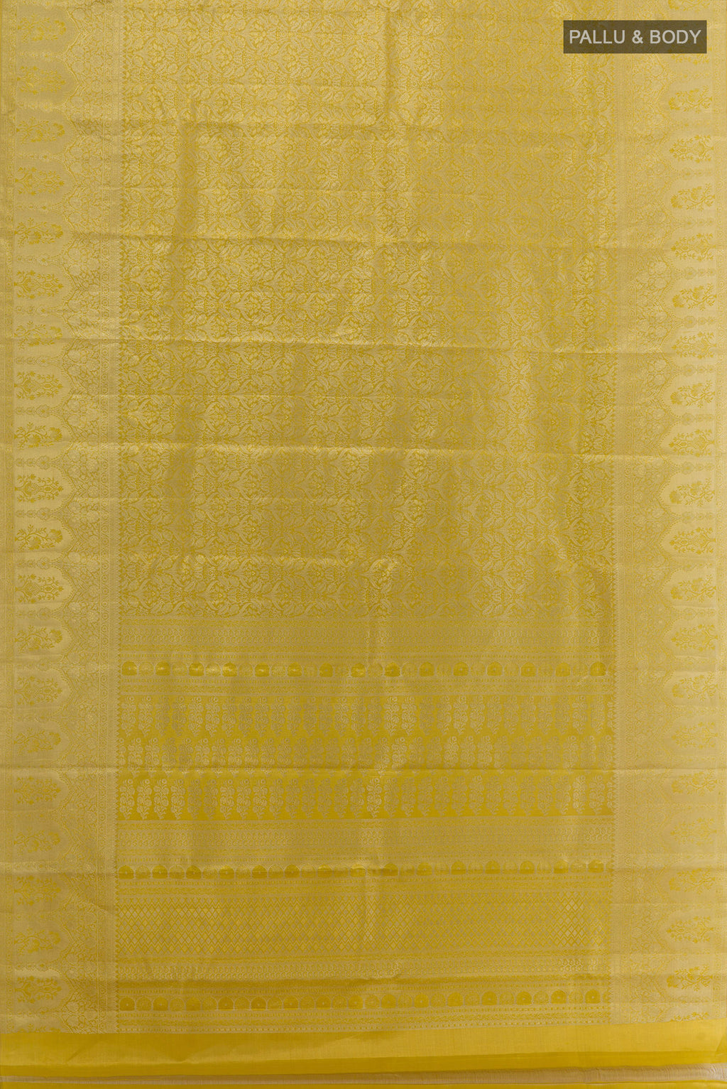 Flat view of Golden Kanchipuram Silk Saree with Zari Brocade on the body and Zari Border. 