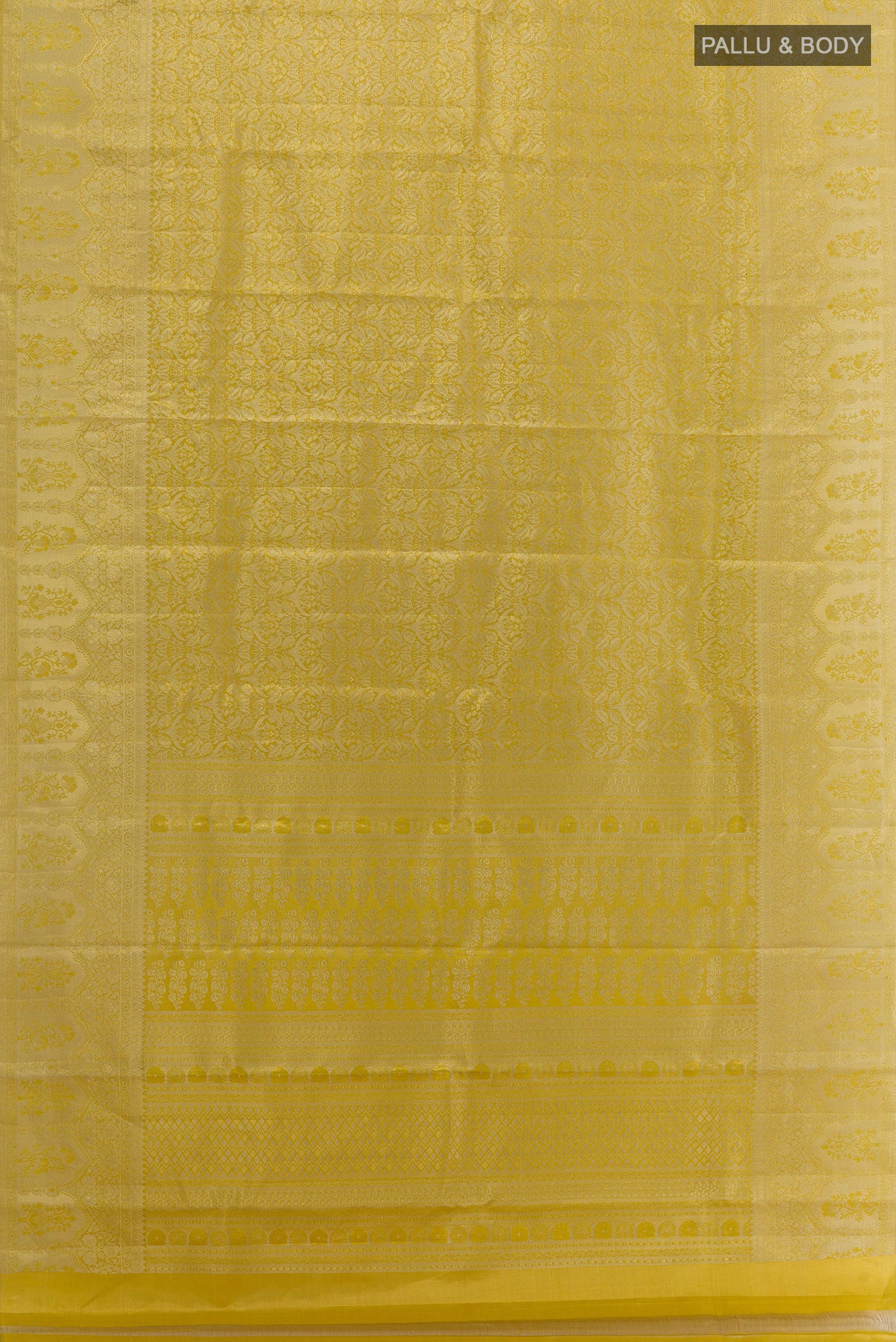 Flat view of Golden Kanchipuram Silk Saree with Zari Brocade on the body and Zari Border. 
