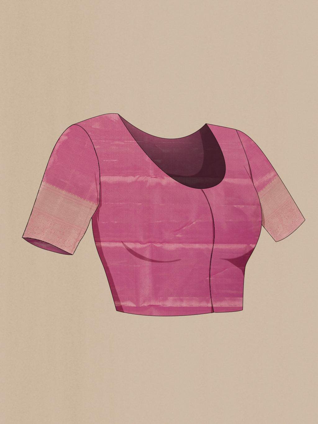 Close up image of the blouse of Pink Kanchipuram Silk Saree with Zari Brocade on the body and Zari Border. 